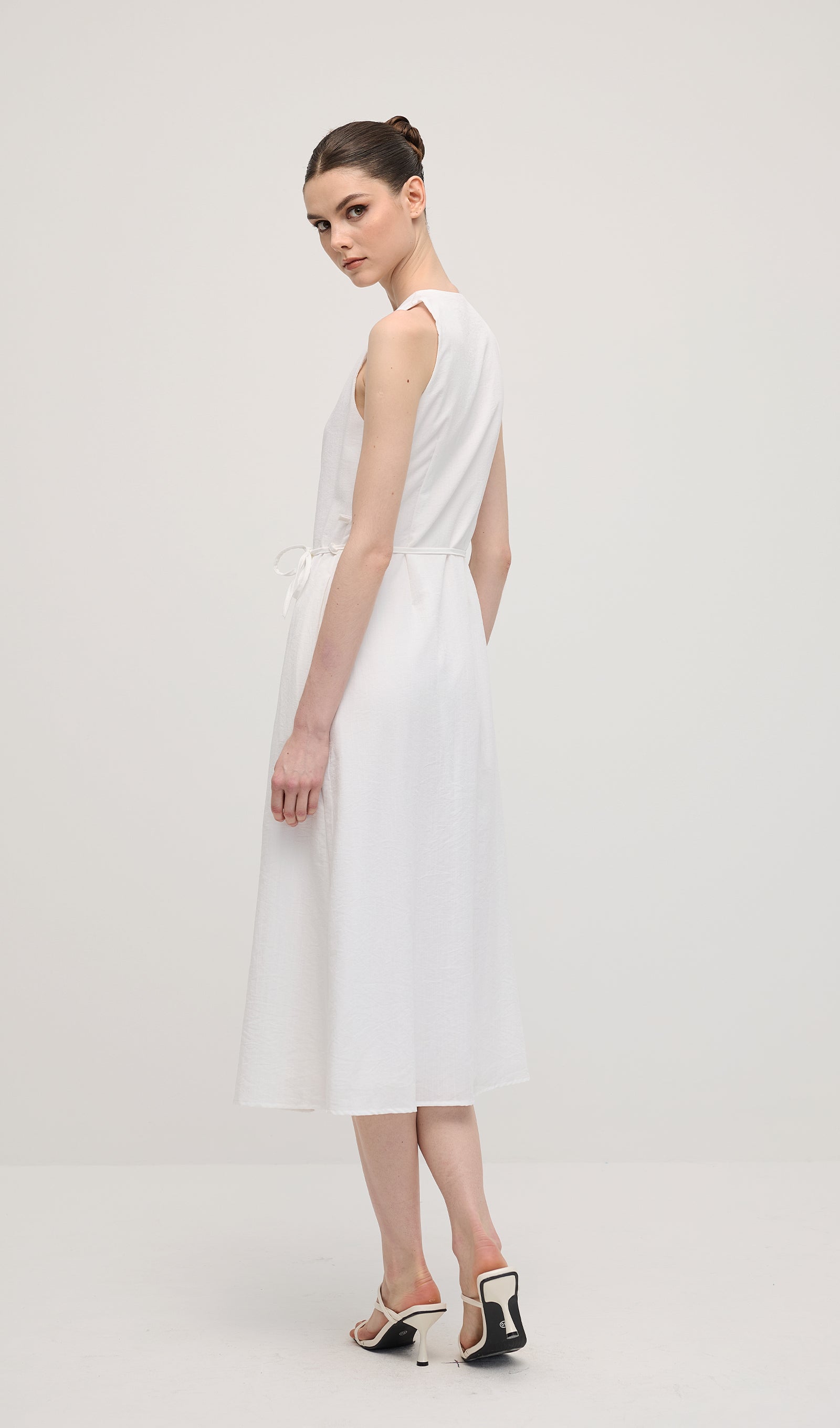 Solid Button Waistcoat Midi Dress In White