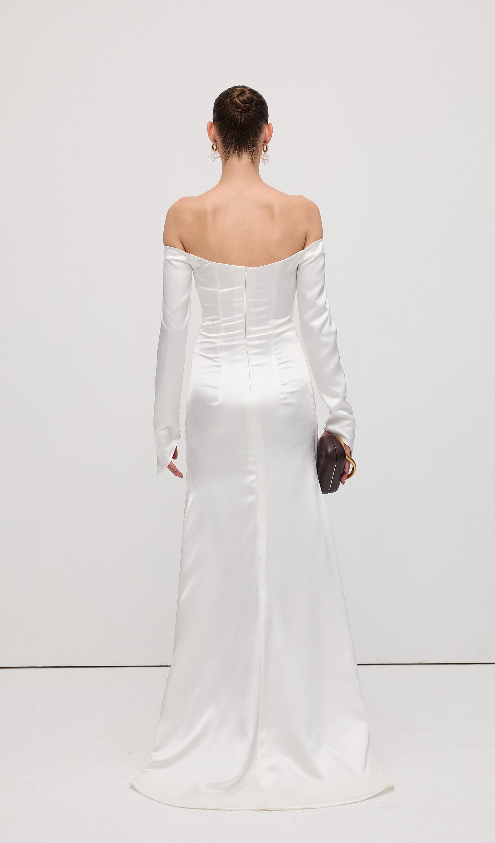 Satin Off Shoulder Ruched Maxi Dress