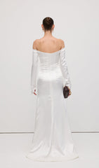 Satin Off Shoulder Ruched Maxi Dress