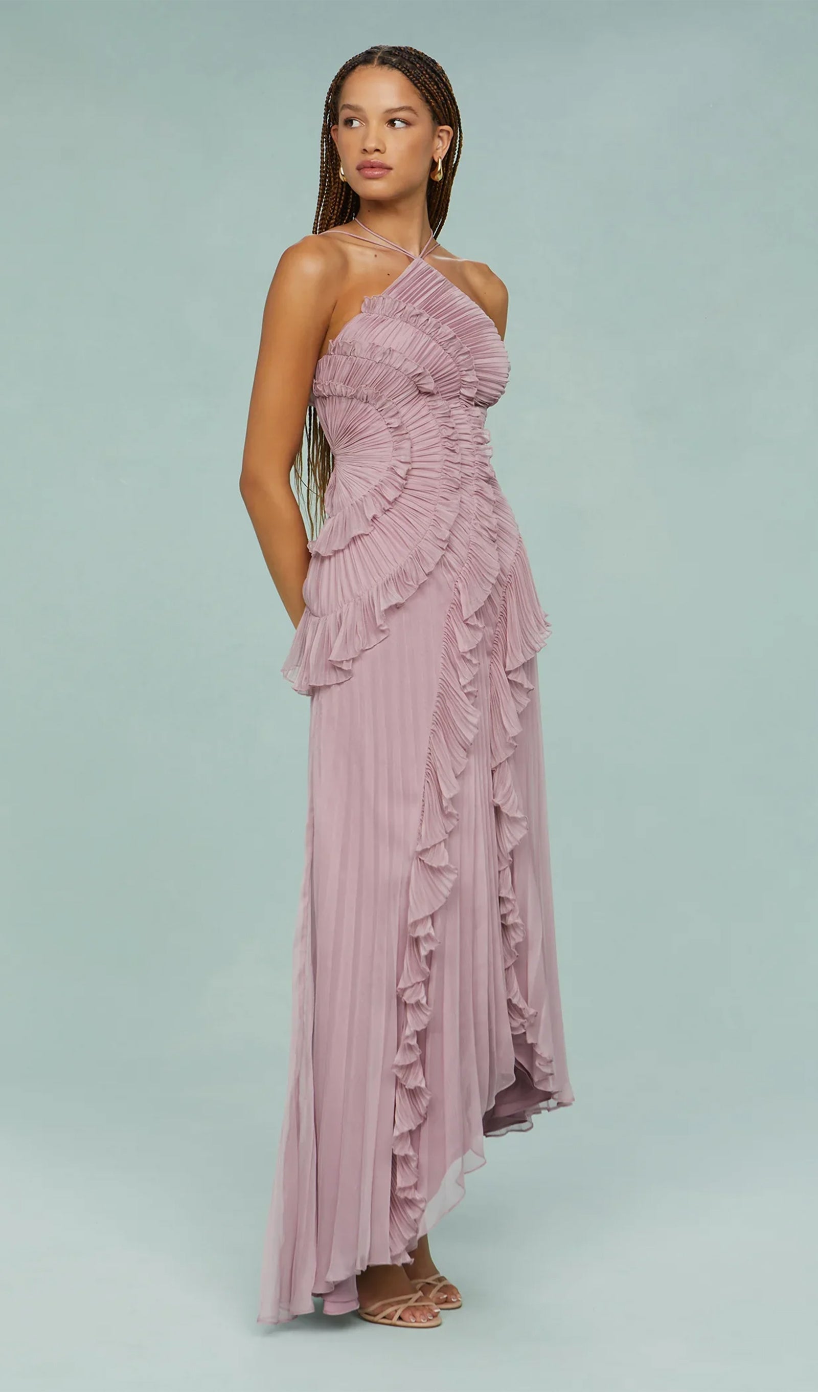 Asymmetry Ruffled Halter Maxi Dress