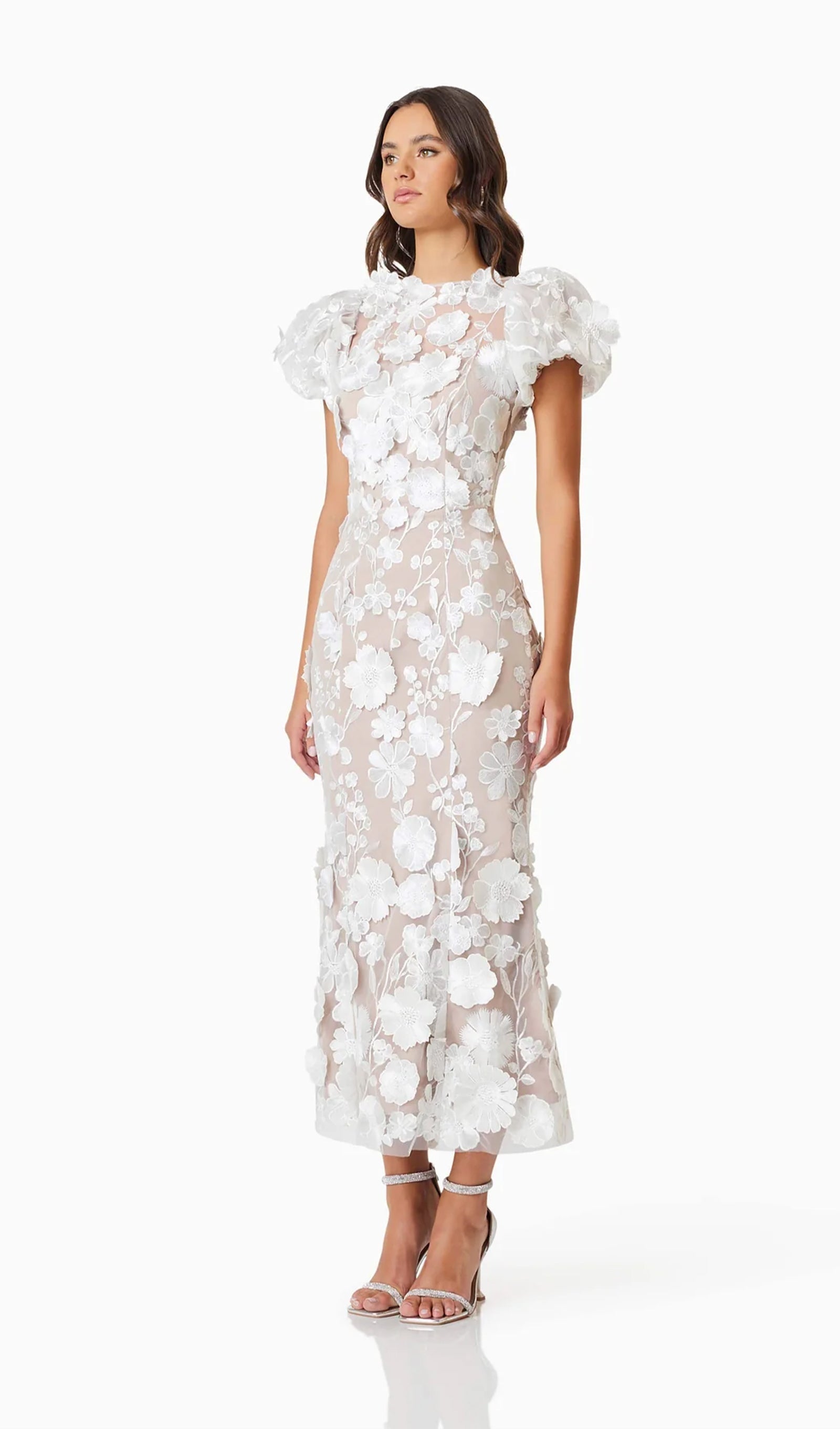 Floral 3D Lace Midi Dress In White