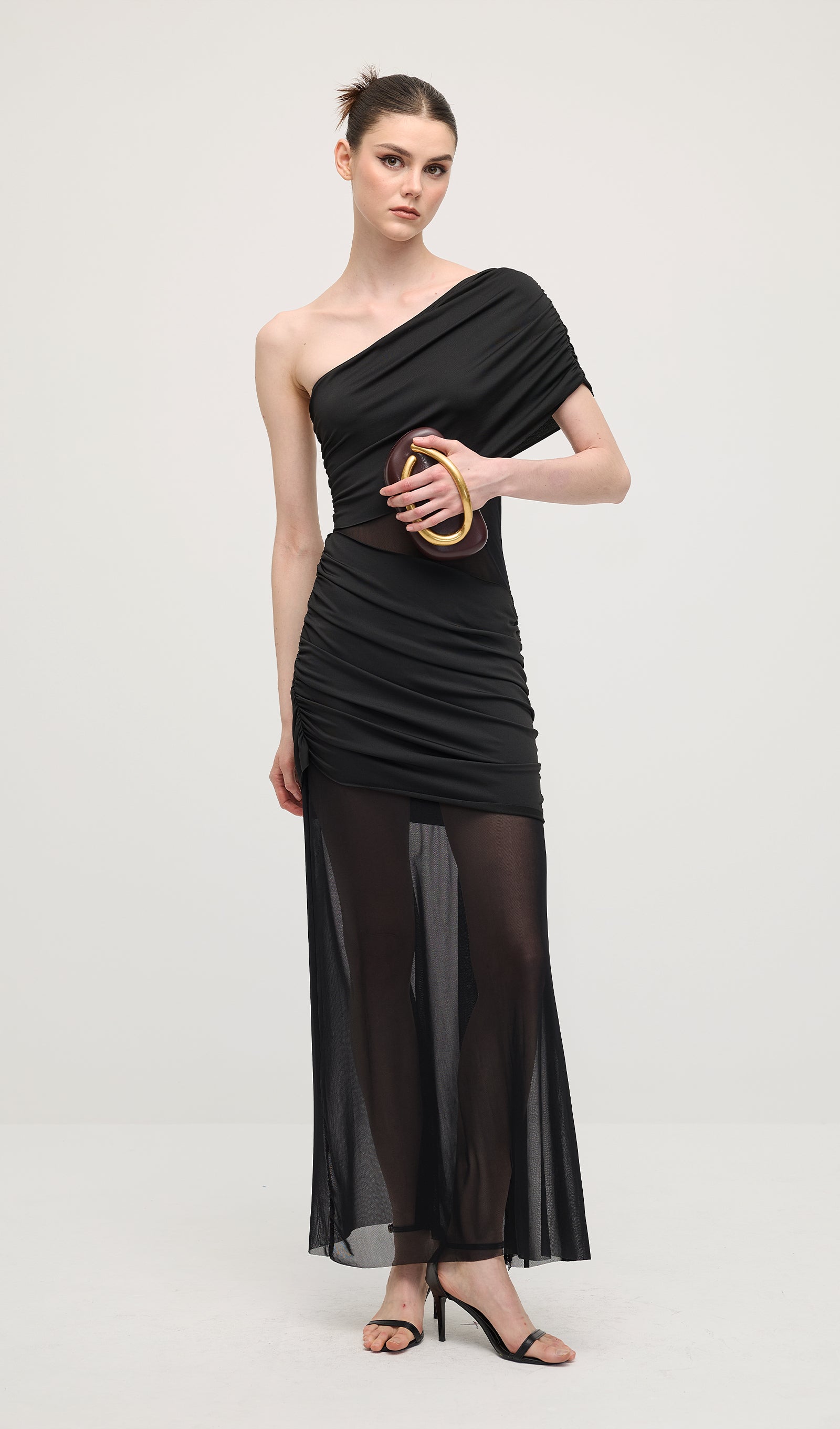 One Shoulder Mesh Maxi Dress In Black