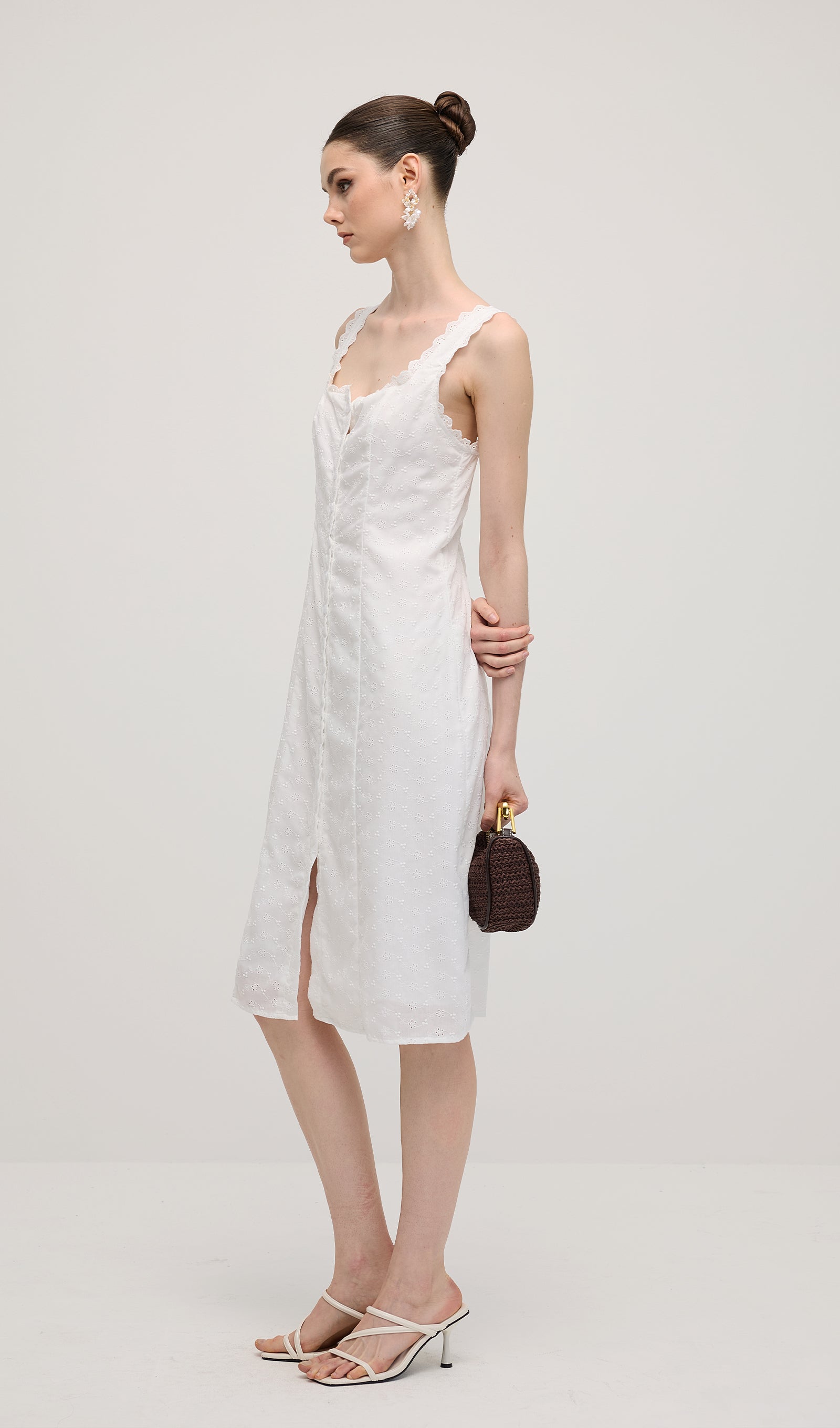 Solid Eyelet Sleeveless Midi Dress