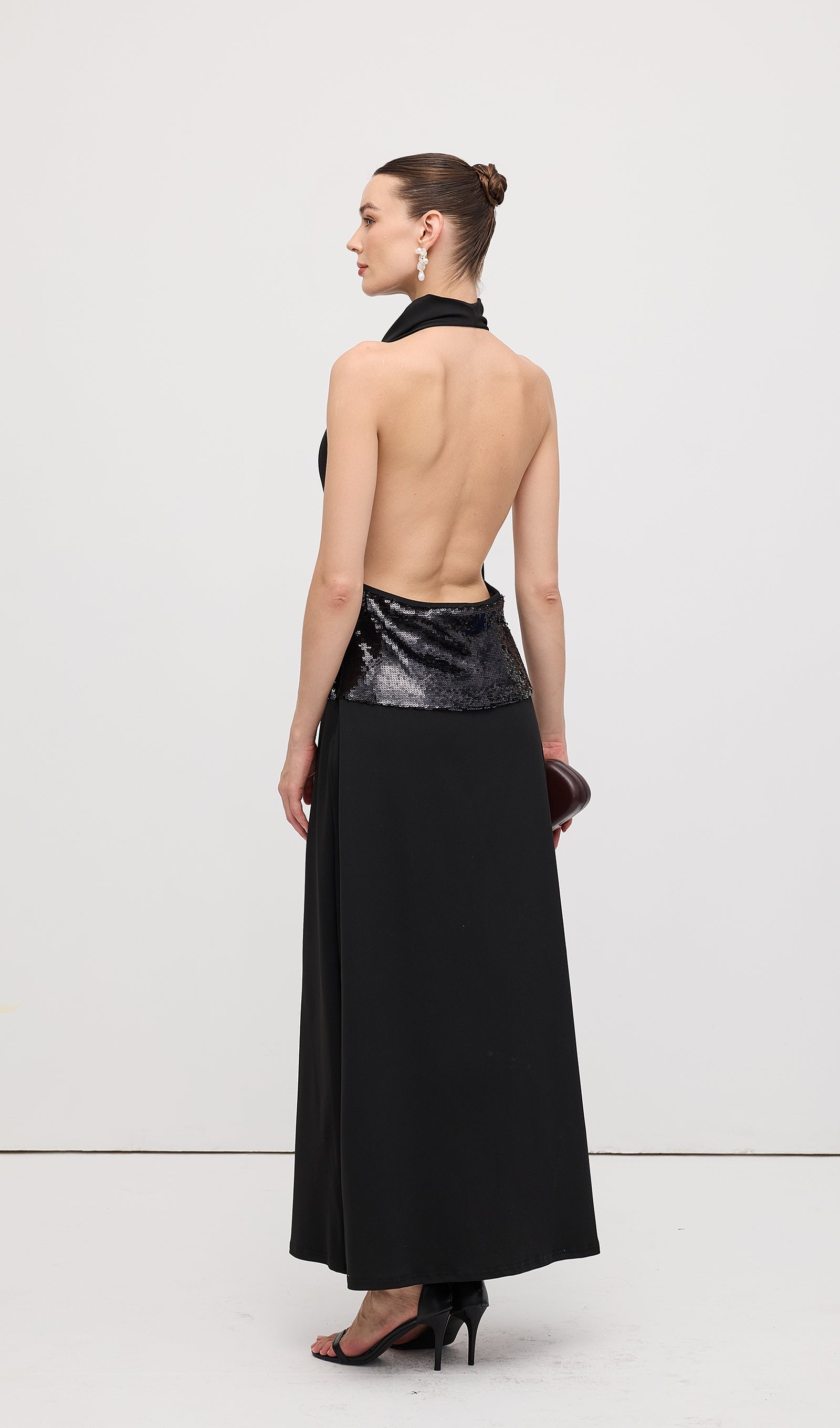 Draped Cowl Neck Open Back Maxi Dress