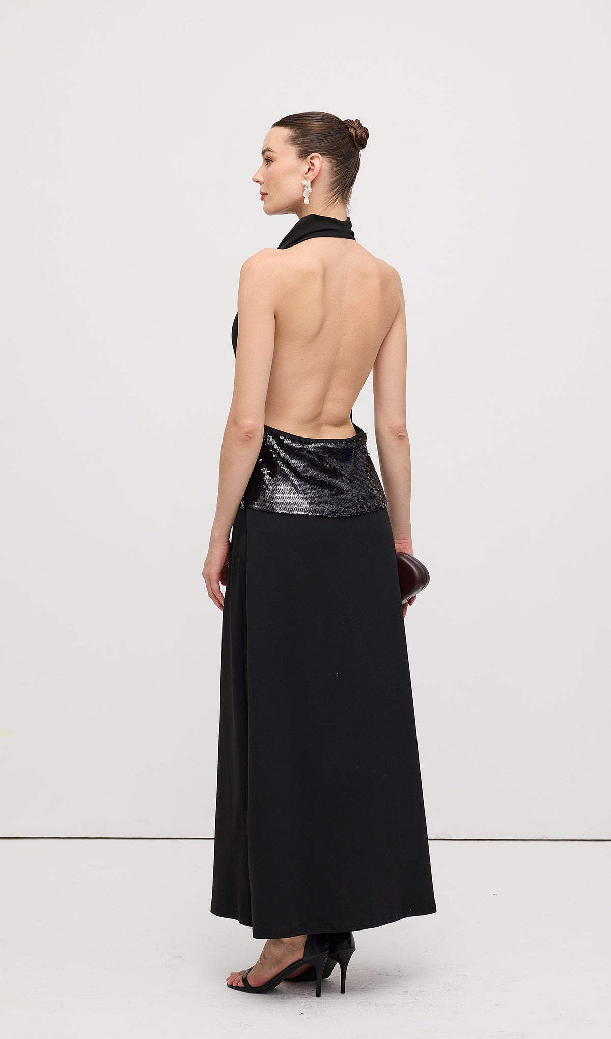 Draped Cowl Neck Open Back Maxi Dress