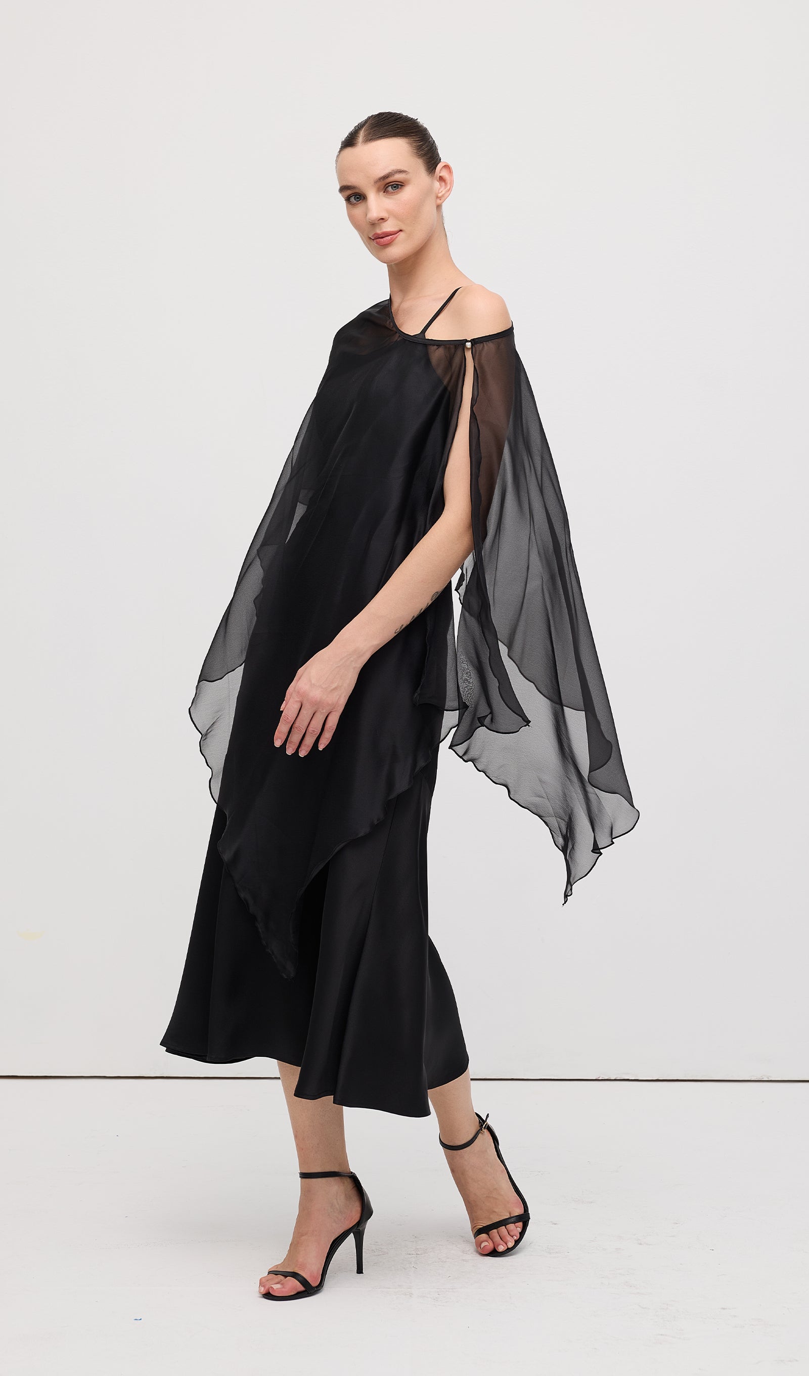 Asymmetric Cape With Satin Midi Dress