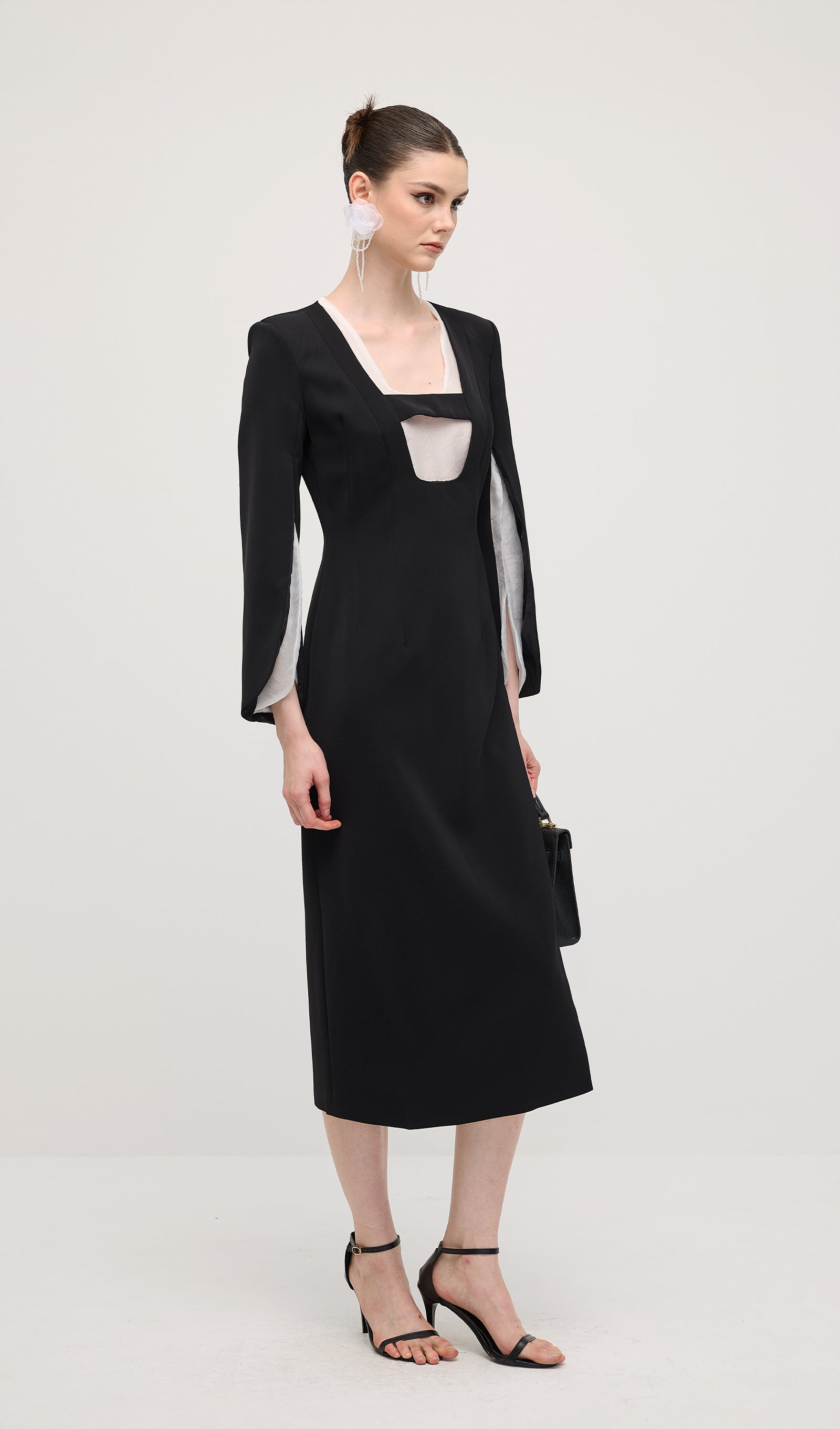 Slit Square Shoulder Midi Dress In Black