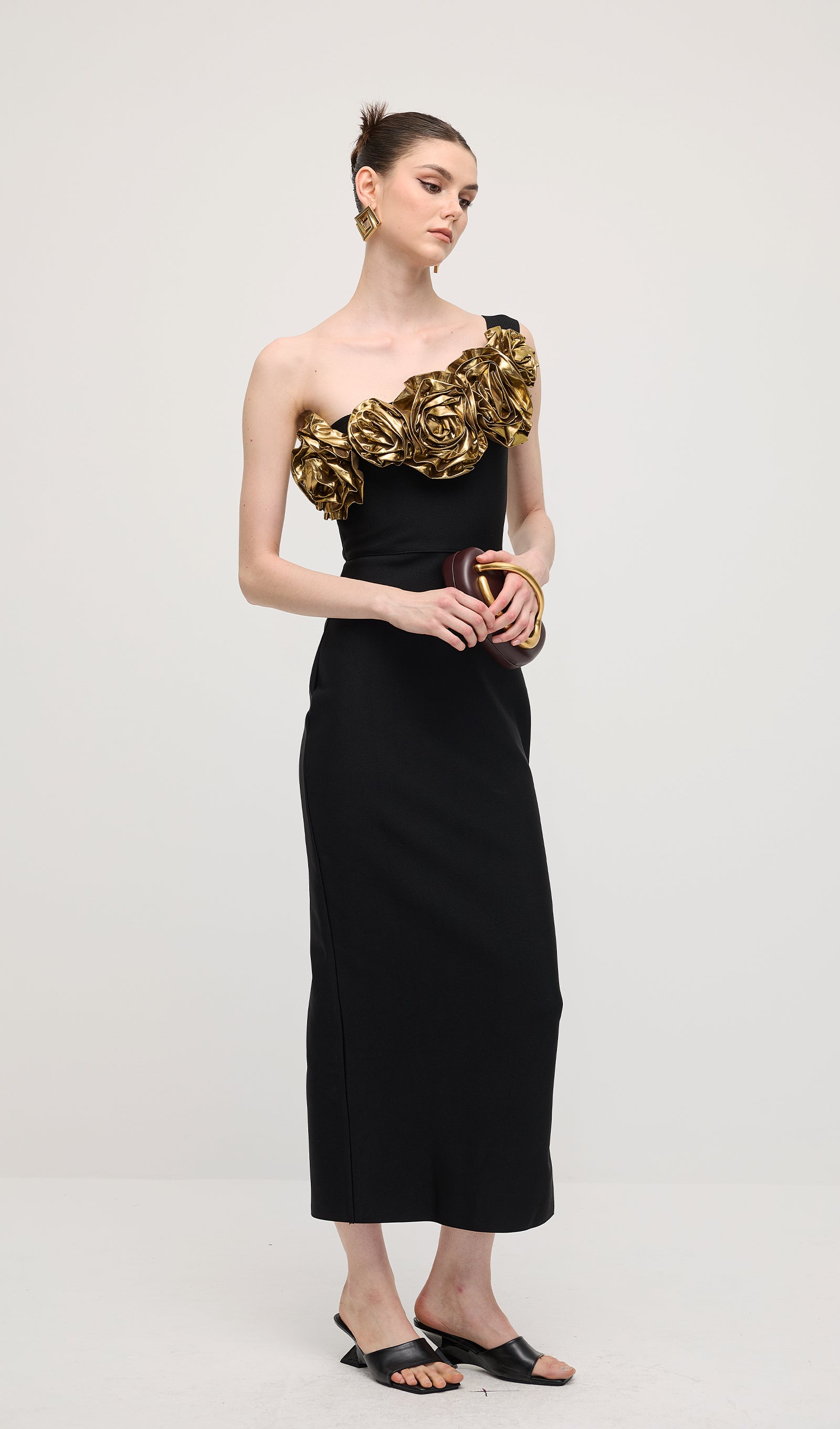 One Shoulder Rose Bodycon Maxi Dress