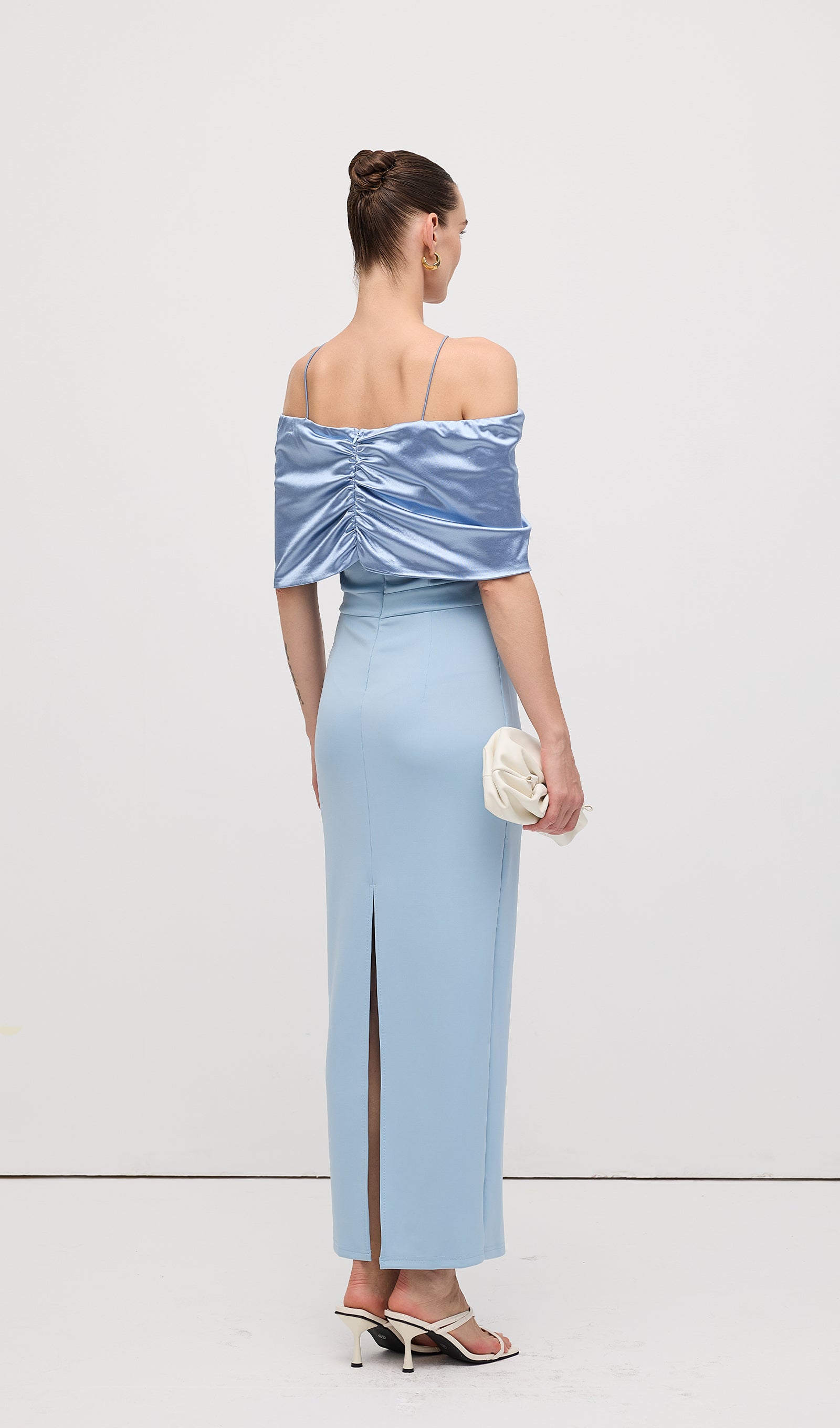 Off Shoulder Draped Satin Maxi Dress