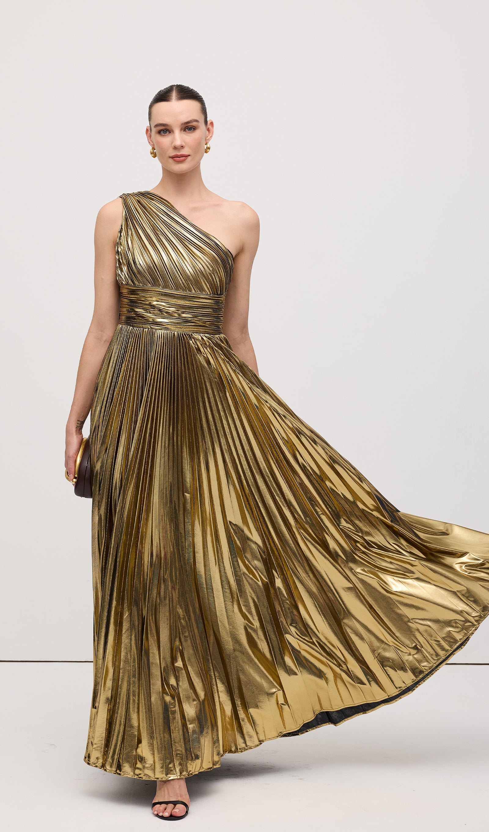 Pleated Metallic One Shoulder Maxi Dress