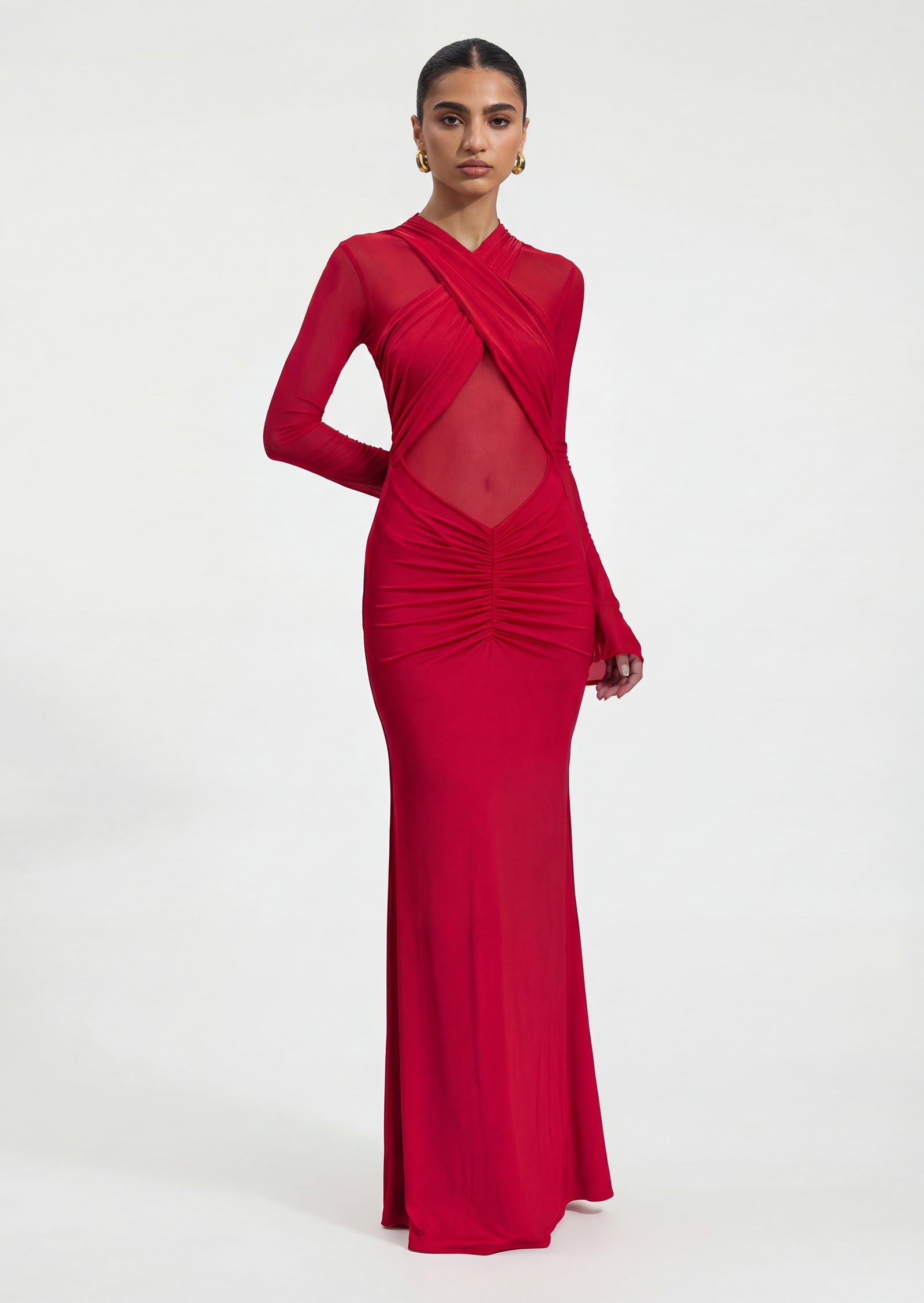 Slinky And Mesh Long Sleeve Maxi Dress In Red