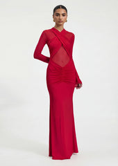 Slinky And Mesh Long Sleeve Maxi Dress In Red