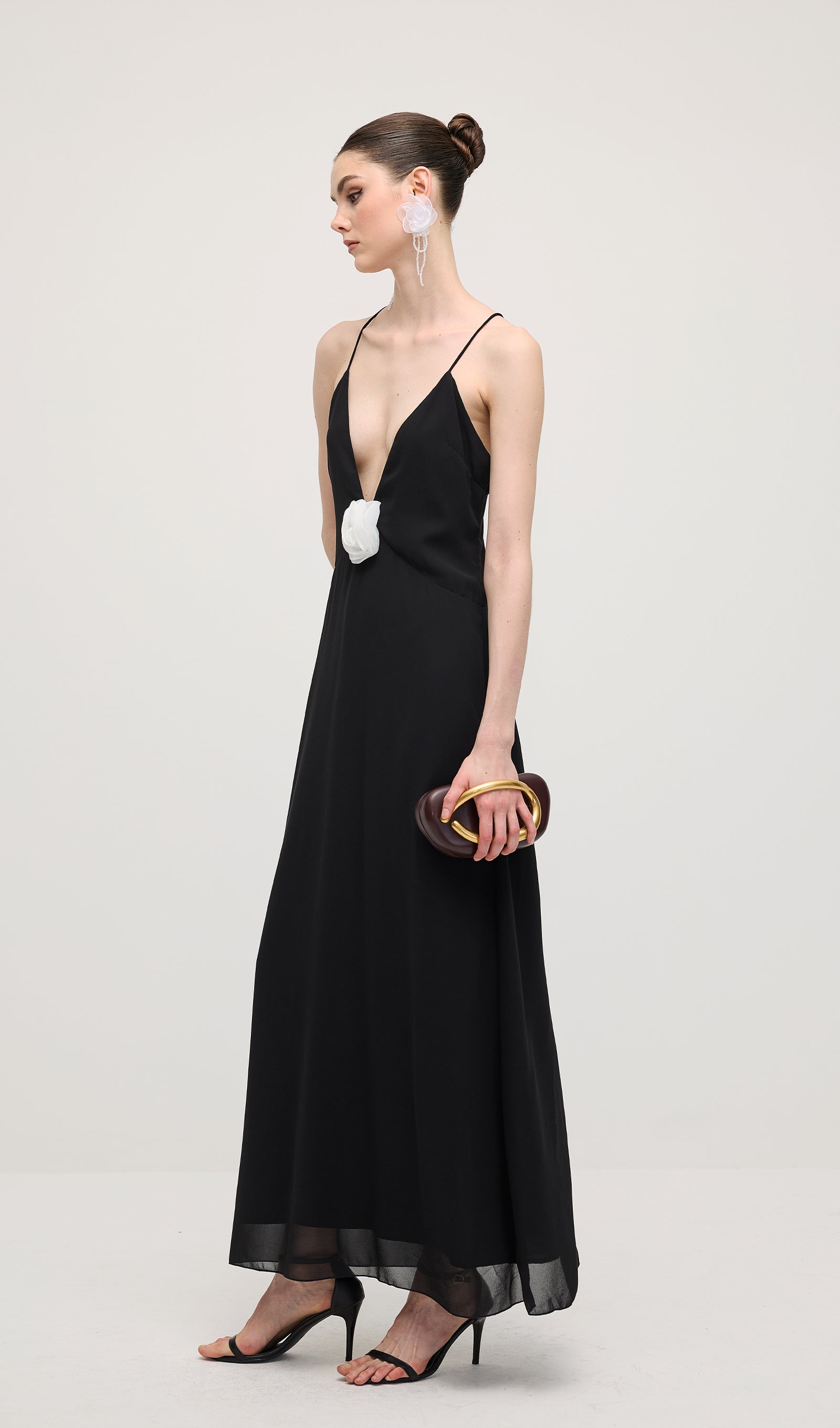 V Neck Halter Maxi Dress In Black