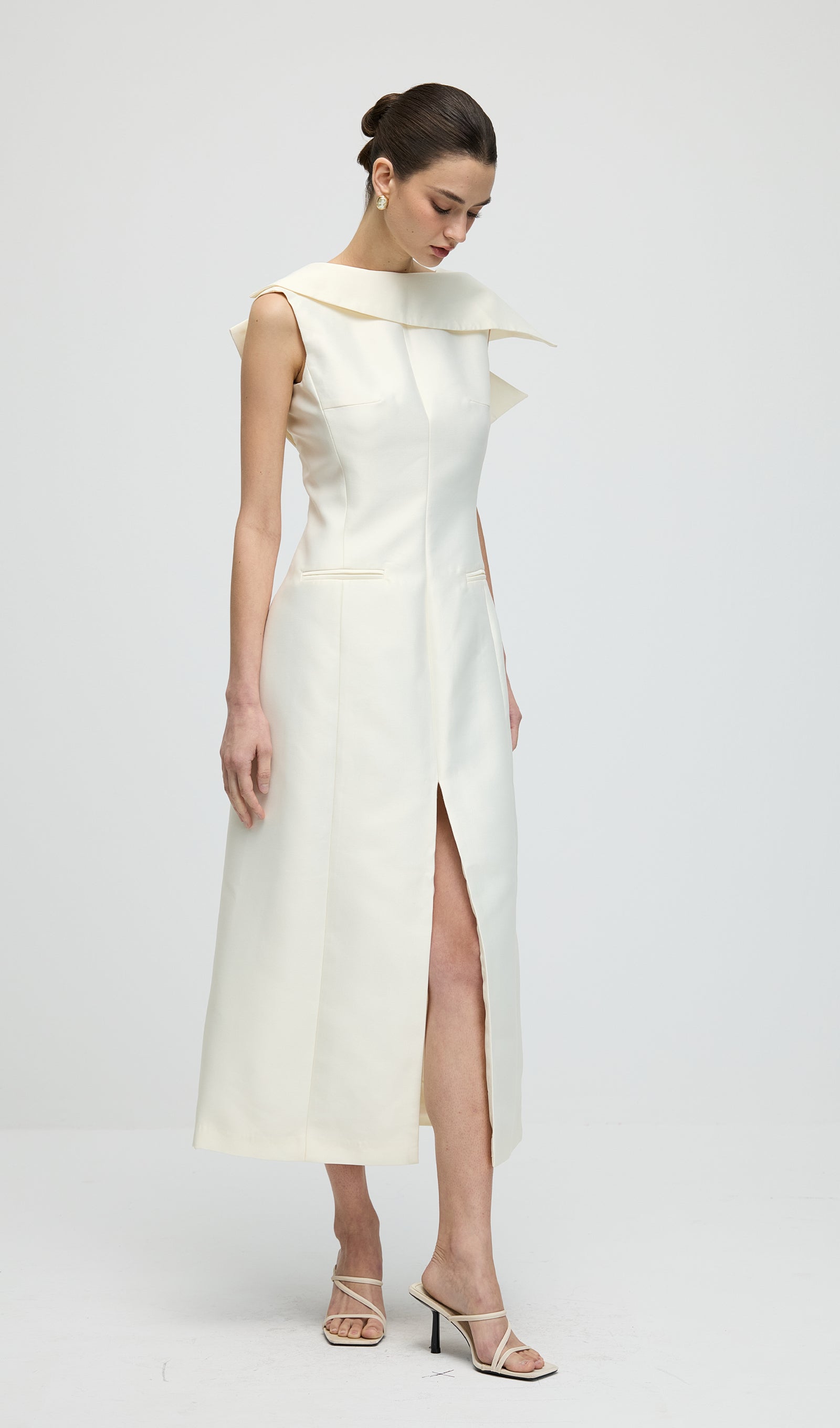 Asymmetrical Neckline Slit Midi Dress