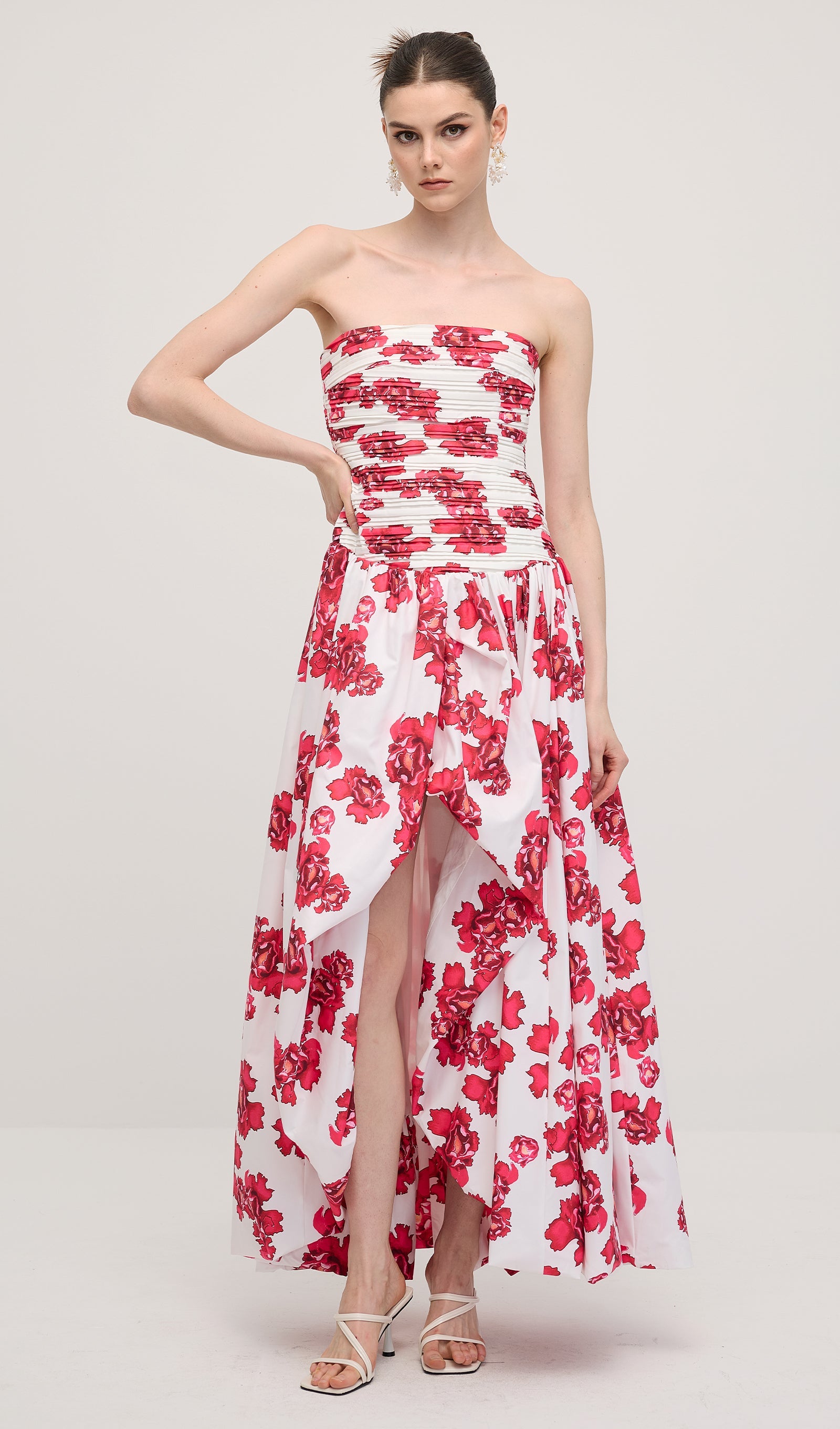 Sleeveless Ruched Draped Split Maxi Dress In Red Print