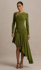 Asymmetric-Neck Midi Dress With Embellishment In Green