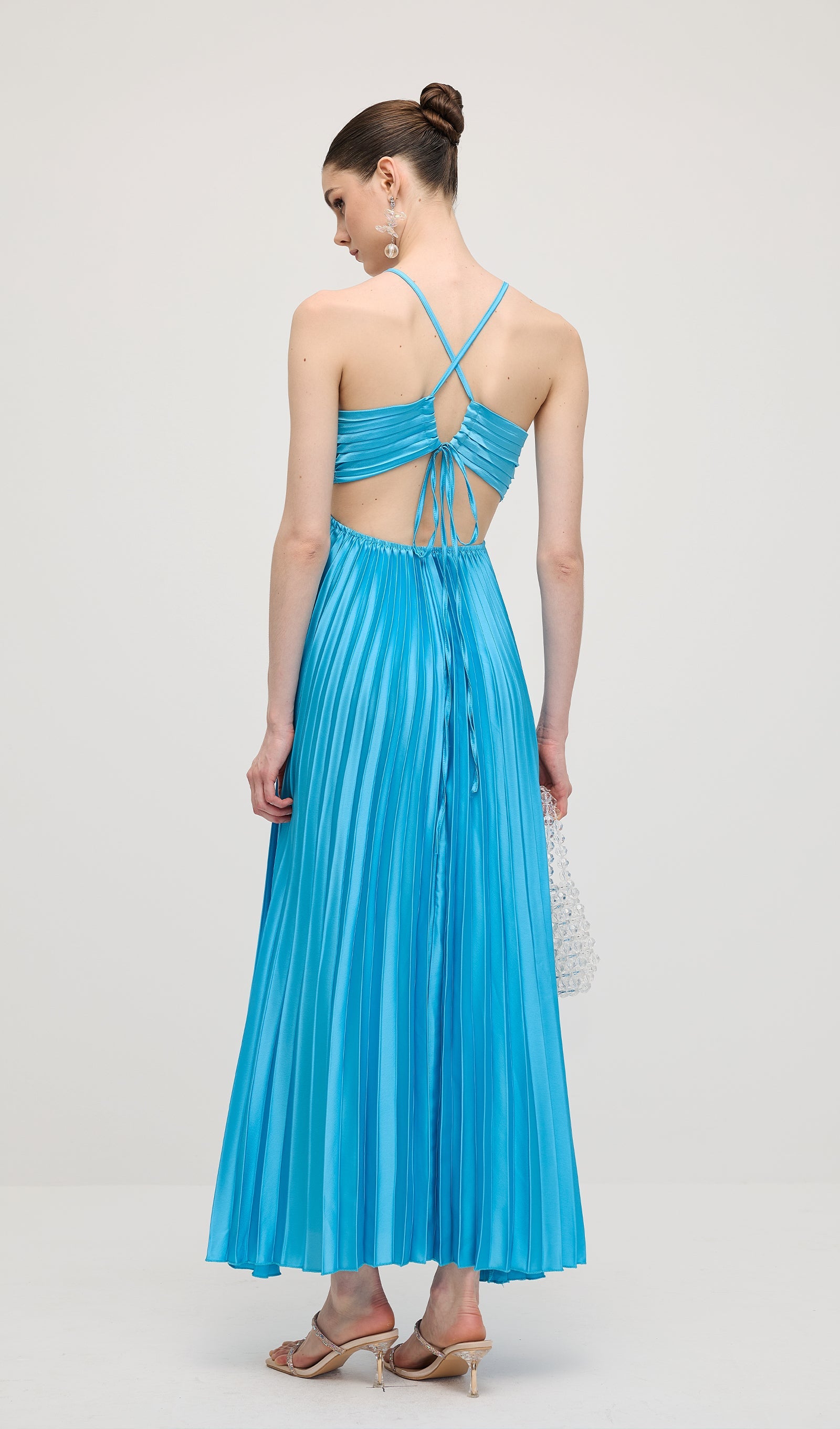 Solid Cut Out Tie Back Plisse Maxi Dress In Blue