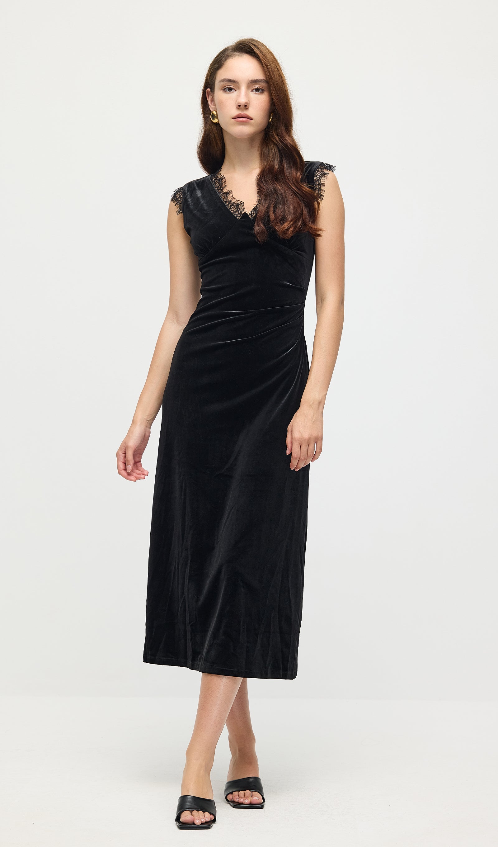 Lace Trimmed Velvet Midi Dress