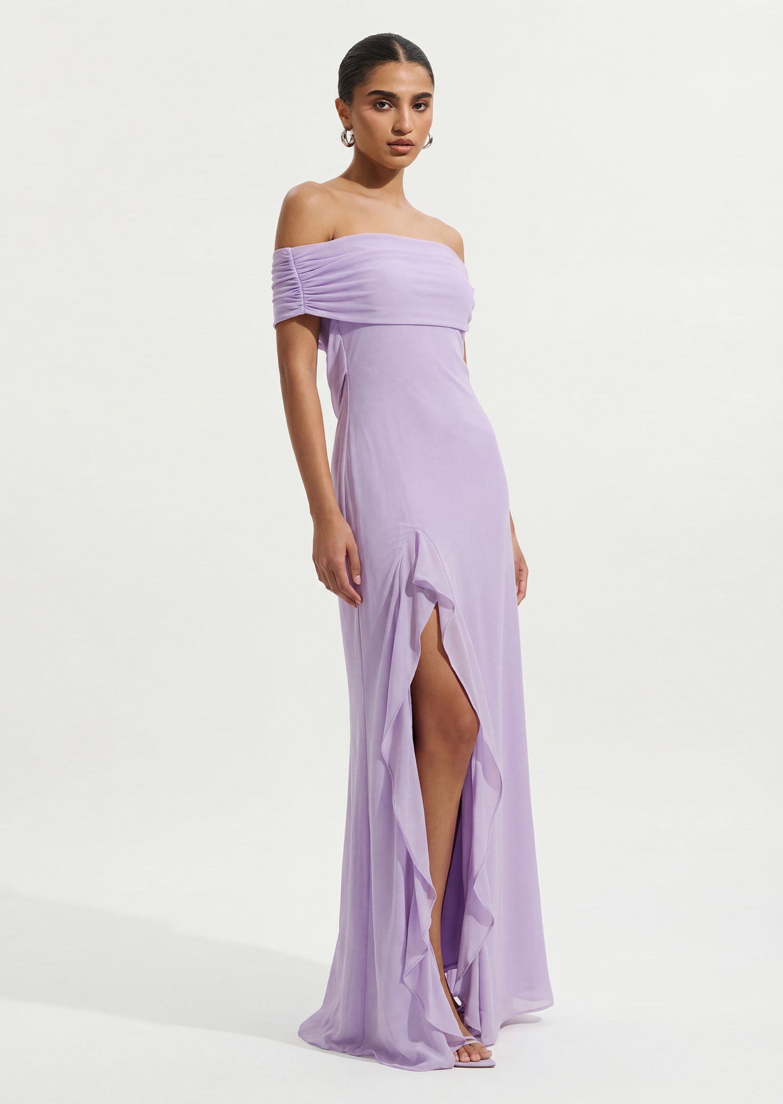 Off Shoulder Mesh Maxi Dress In Purple