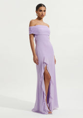Off Shoulder Mesh Maxi Dress In Purple
