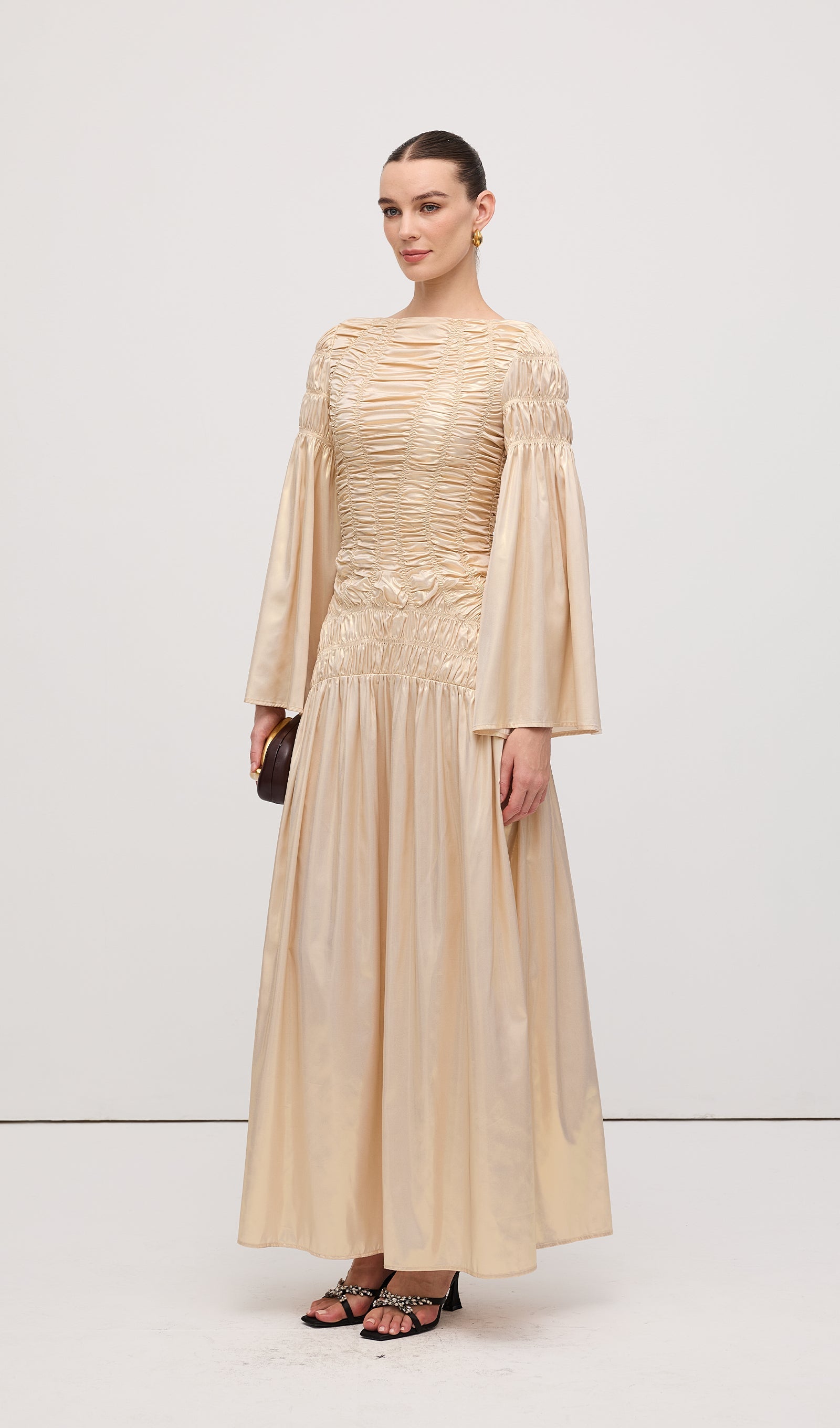 Metallic Elasticated Gathers Maxi Dress In Solid