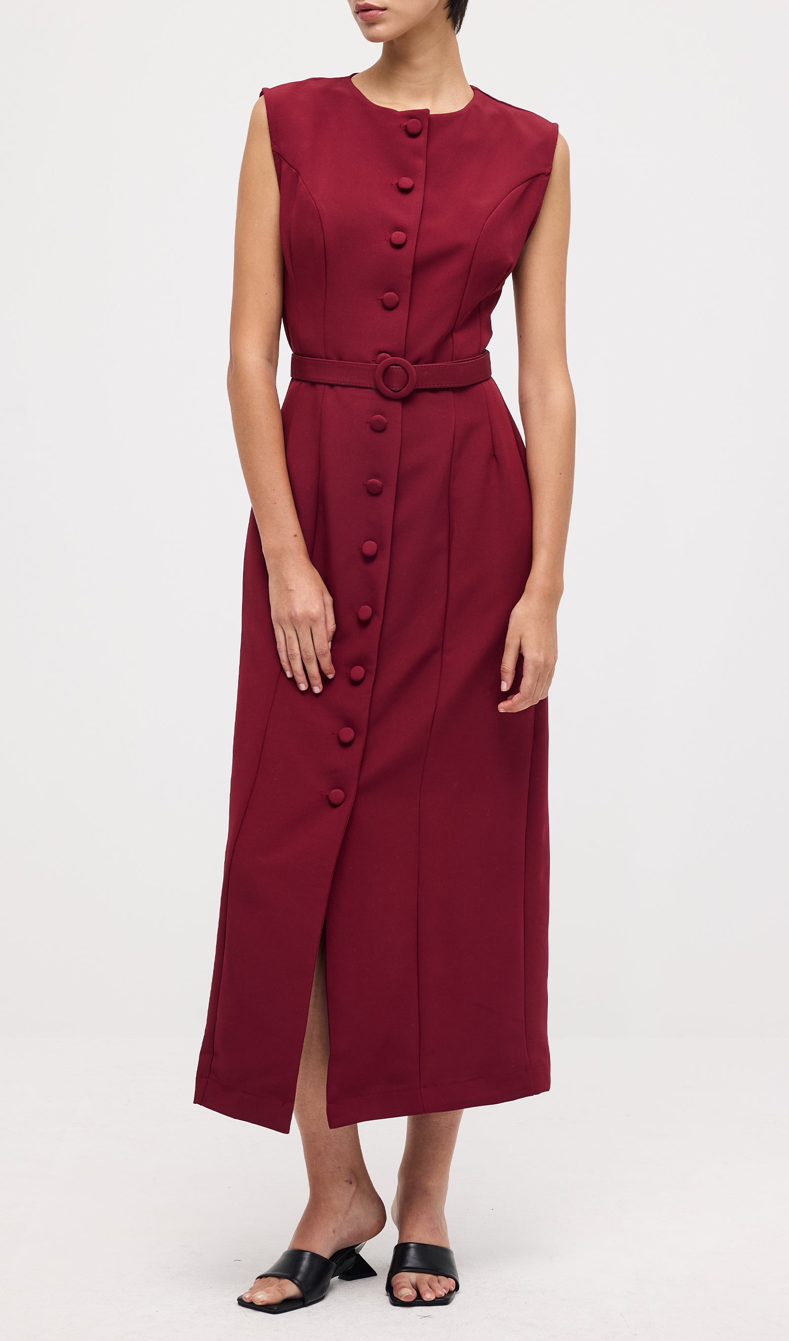 Sleeveless Shift Midi Dress With Belt