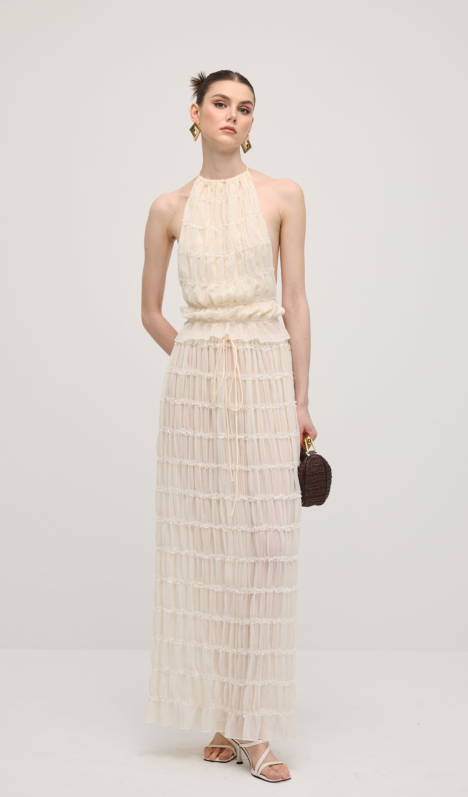 Halter Top & Ruched Detail Maxi Skirt Sets In White