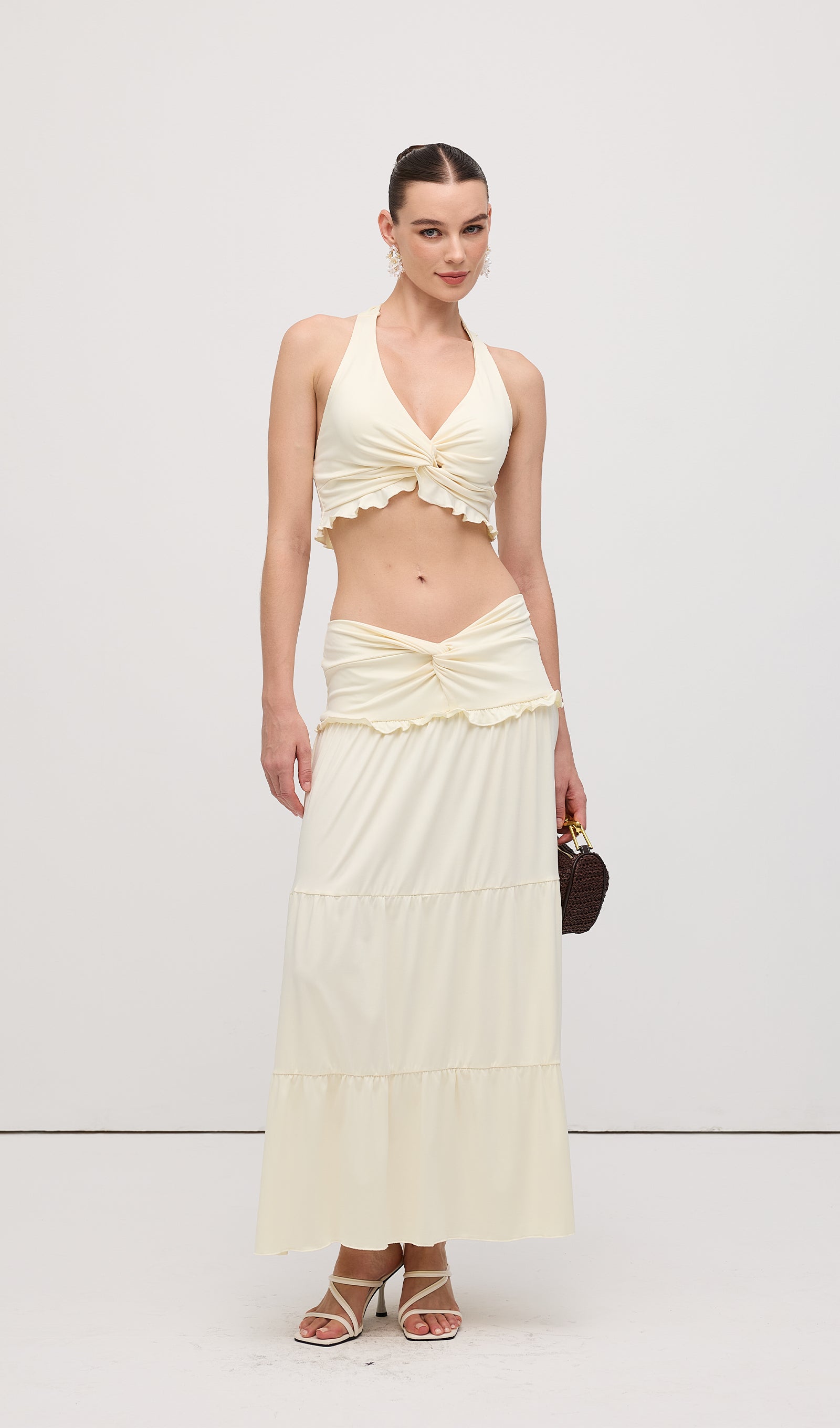 Halter Top & Twist Ruffled Maxi Skirt Sets White