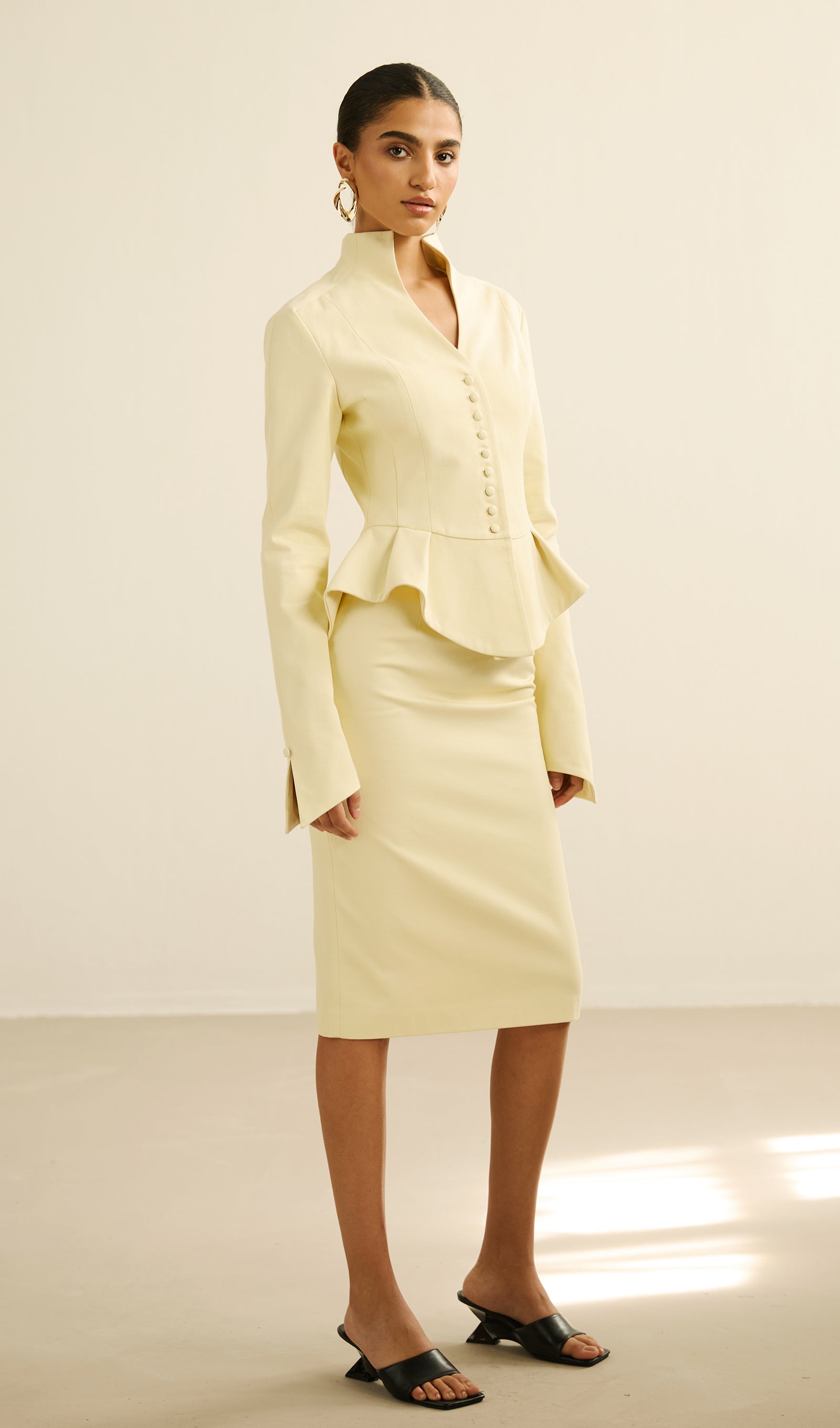 Solid Peplum Jacket & Slit Midi Skirt Set