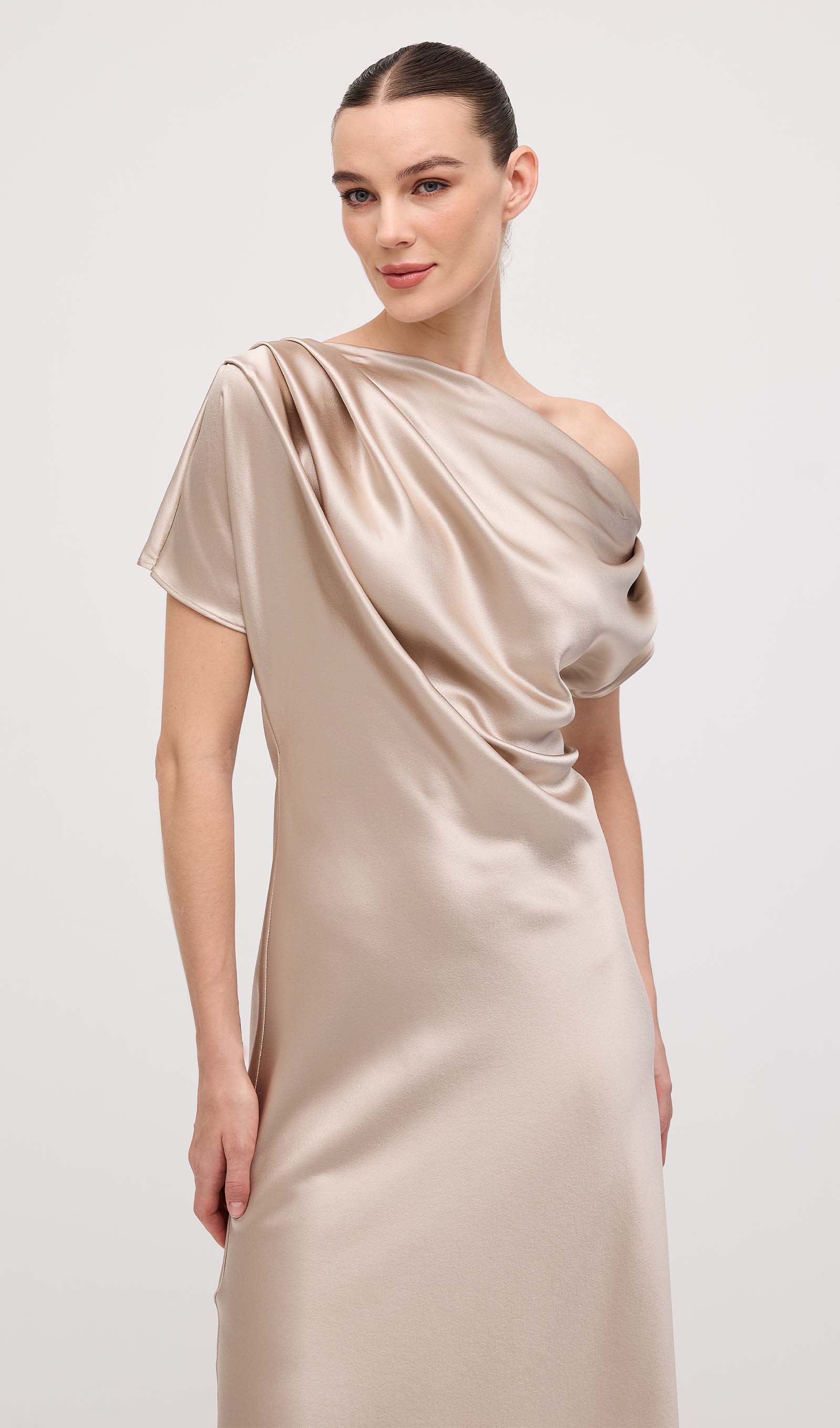 Asymmetric Satin Draped Midi Dress