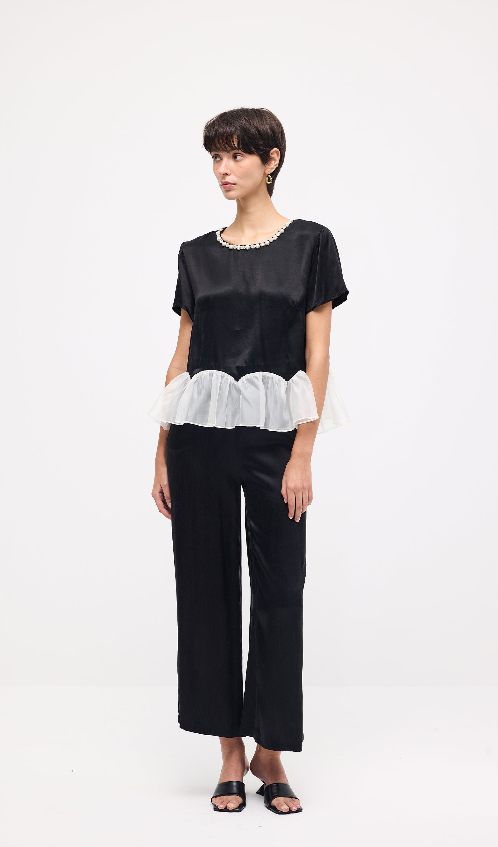 Short Sleeve Top & Maxi Pants Set In Black