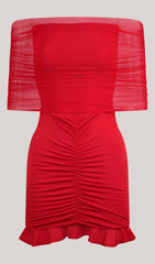 Slinky And Mesh Off Shoulder Mini Dress In Ruby
