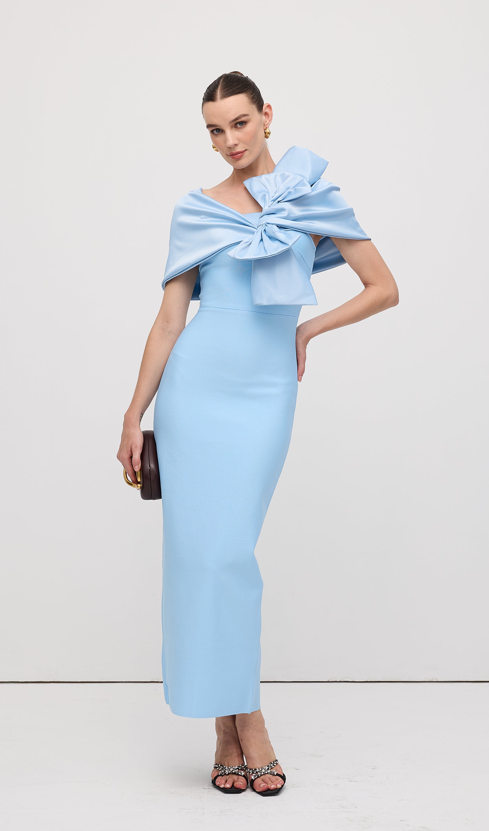 Shawl Strapless Collar Satin Maxi Dress