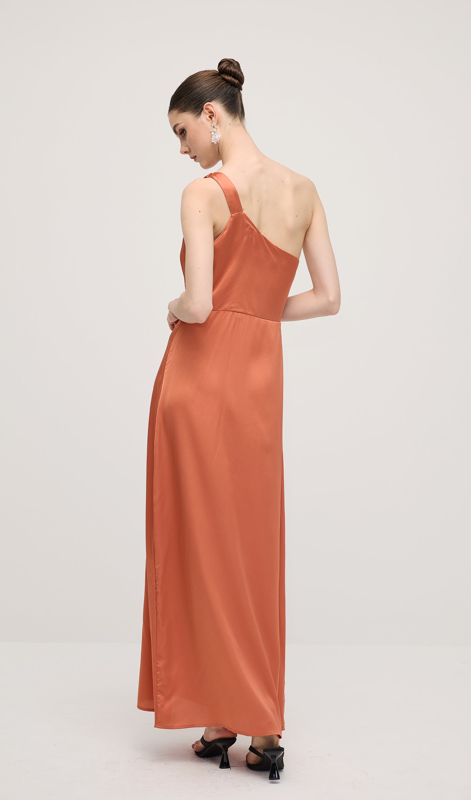One Shoulder Draping Feature Midi Dress In Rose Brown