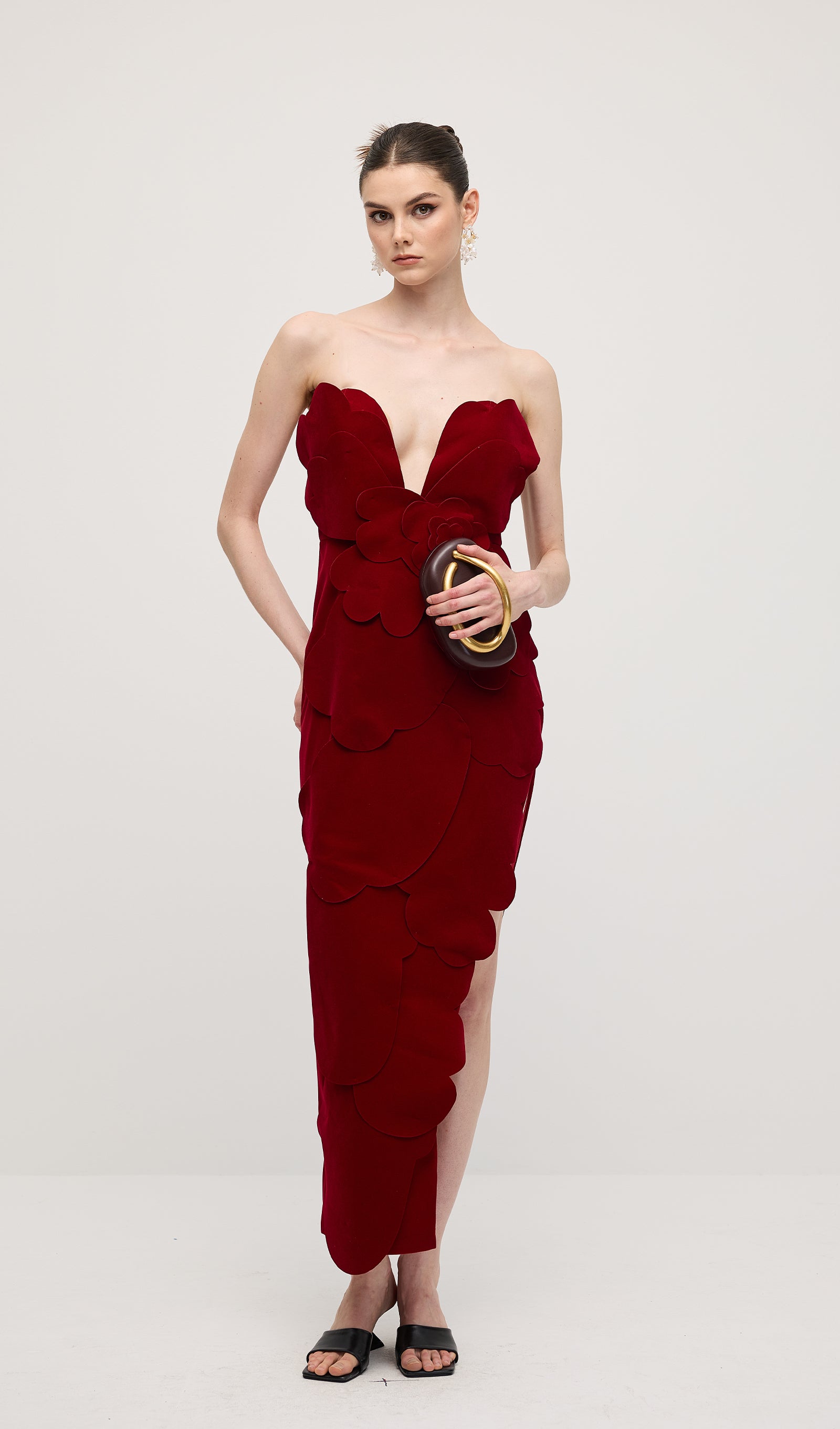 Petal Strapless Velvet Maxi Dress In Red