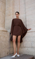 Mini Dress With Flowing Cape In Brown