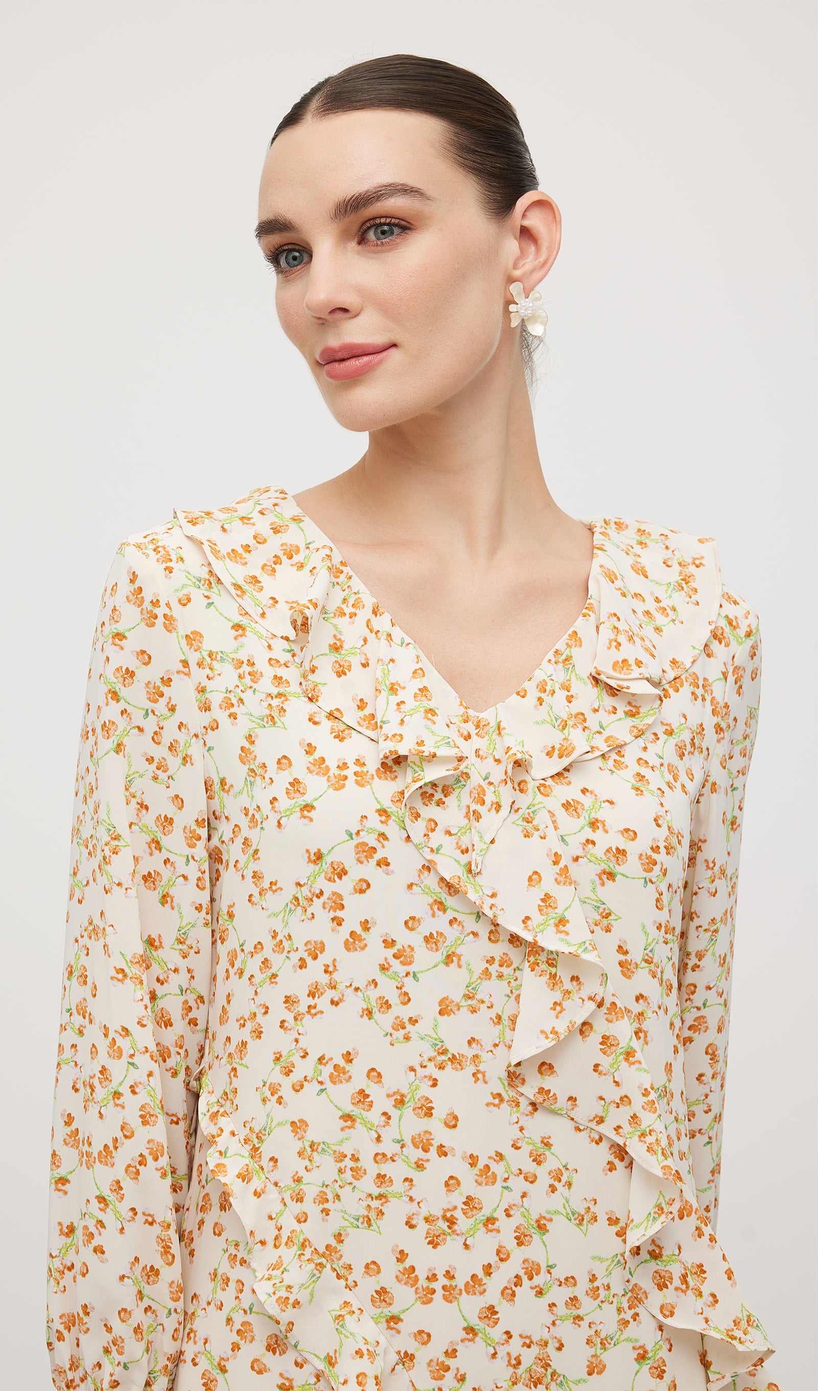 Floral V Neck Ruffled Midi Dress