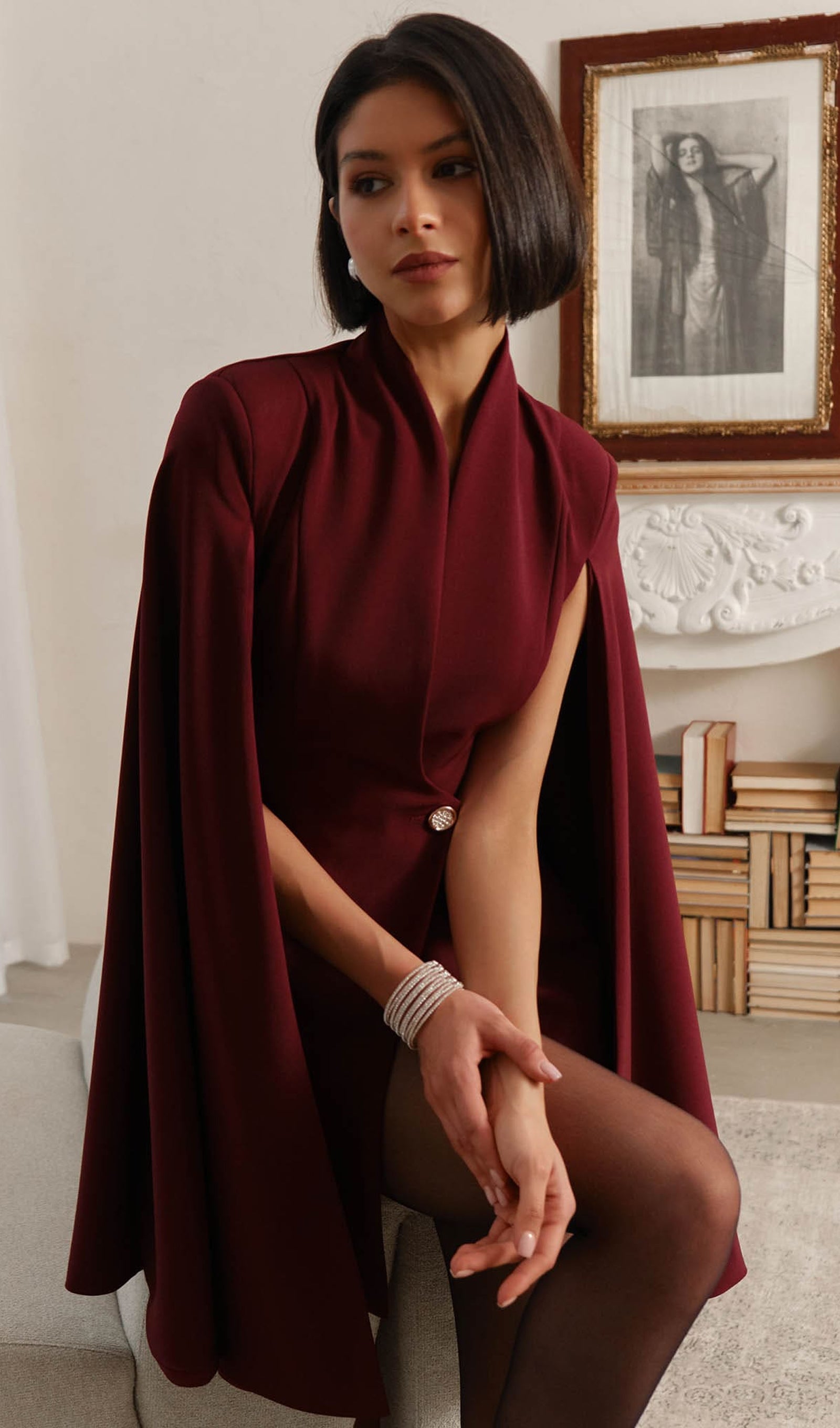 Mini Dress With Flared Sleeves In Claret