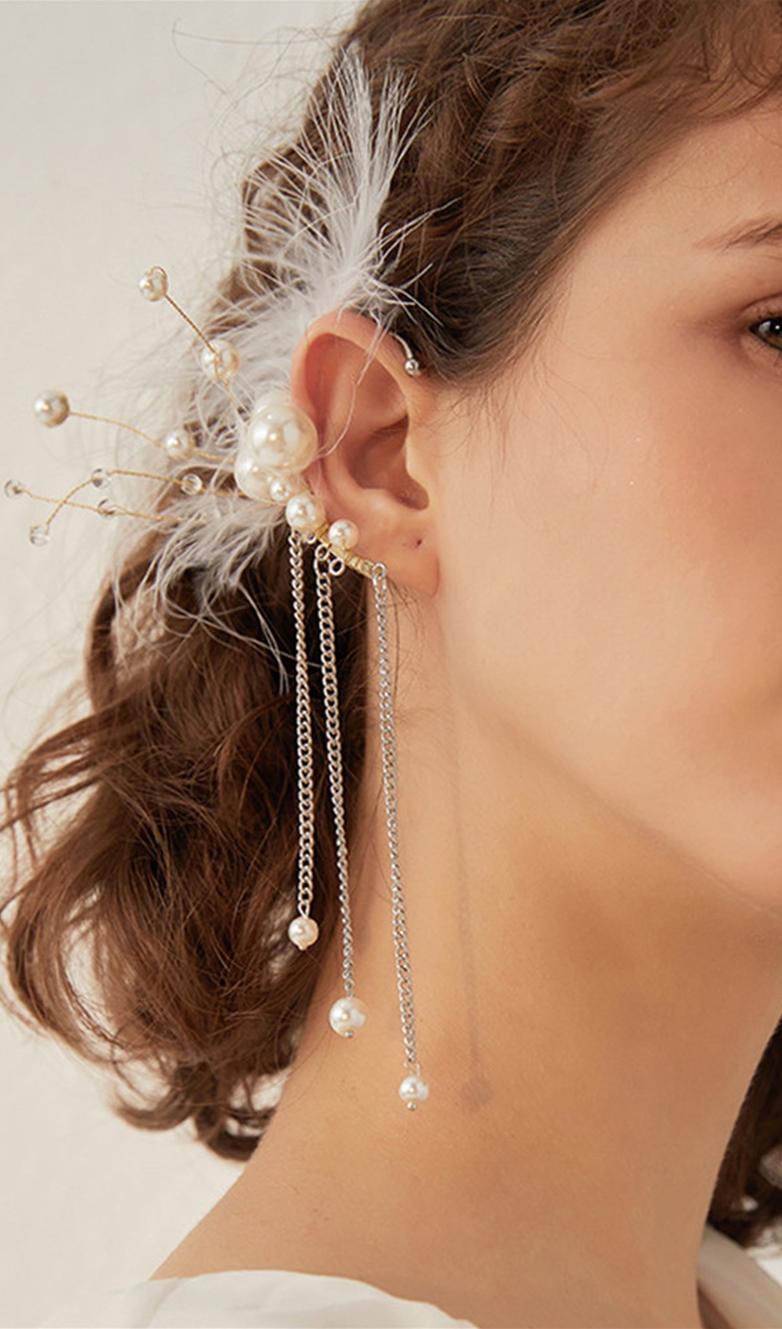 Feather Pearl Climber Tassel Cuff Single Earrings
