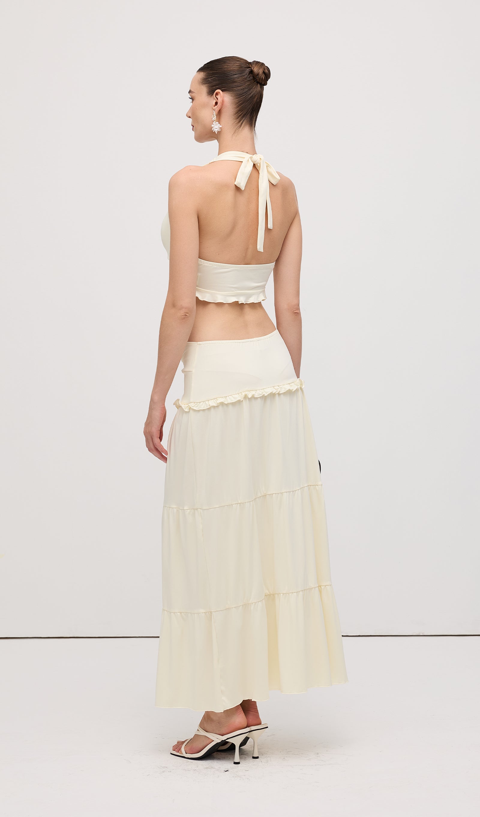 Halter Top & Twist Ruffled Maxi Skirt Sets White