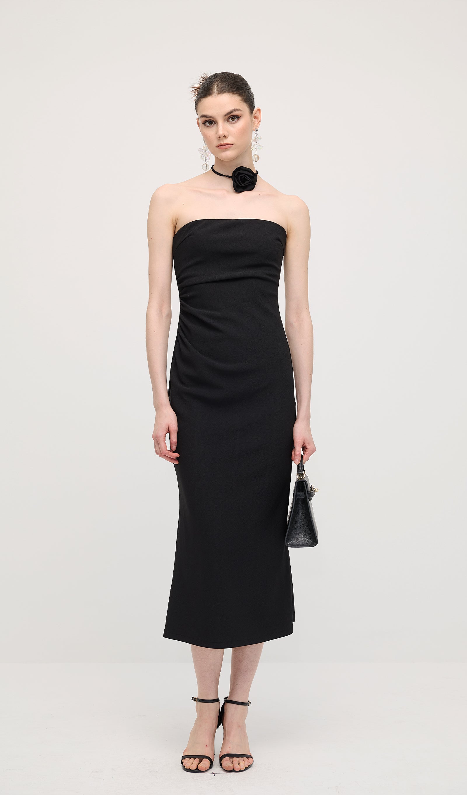 Solid Off Shoulder Midi Dress In Black