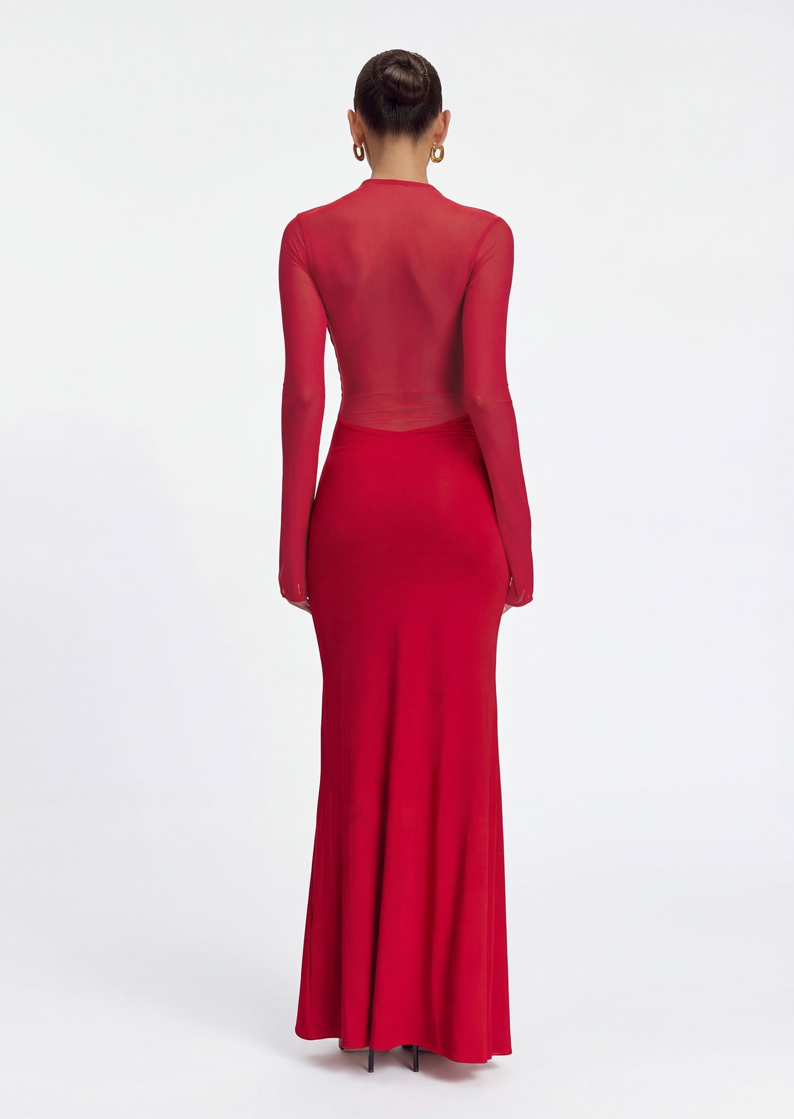 Slinky And Mesh Long Sleeve Maxi Dress In Red