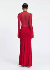 Slinky And Mesh Long Sleeve Maxi Dress In Red