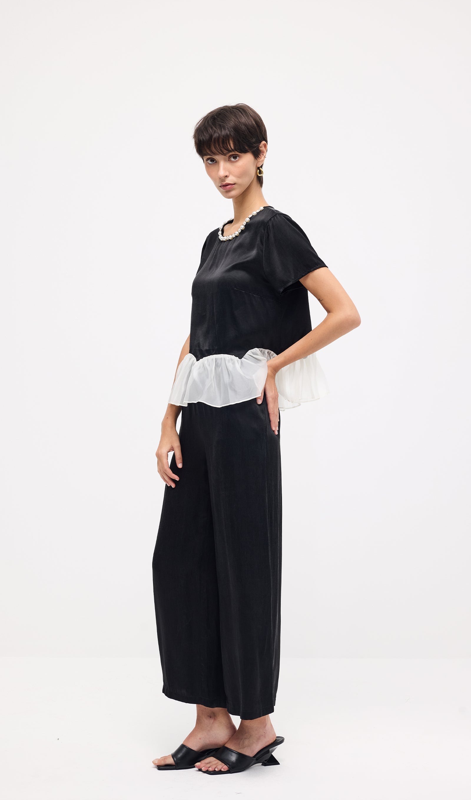 Short Sleeve Top & Maxi Pants Set In Black