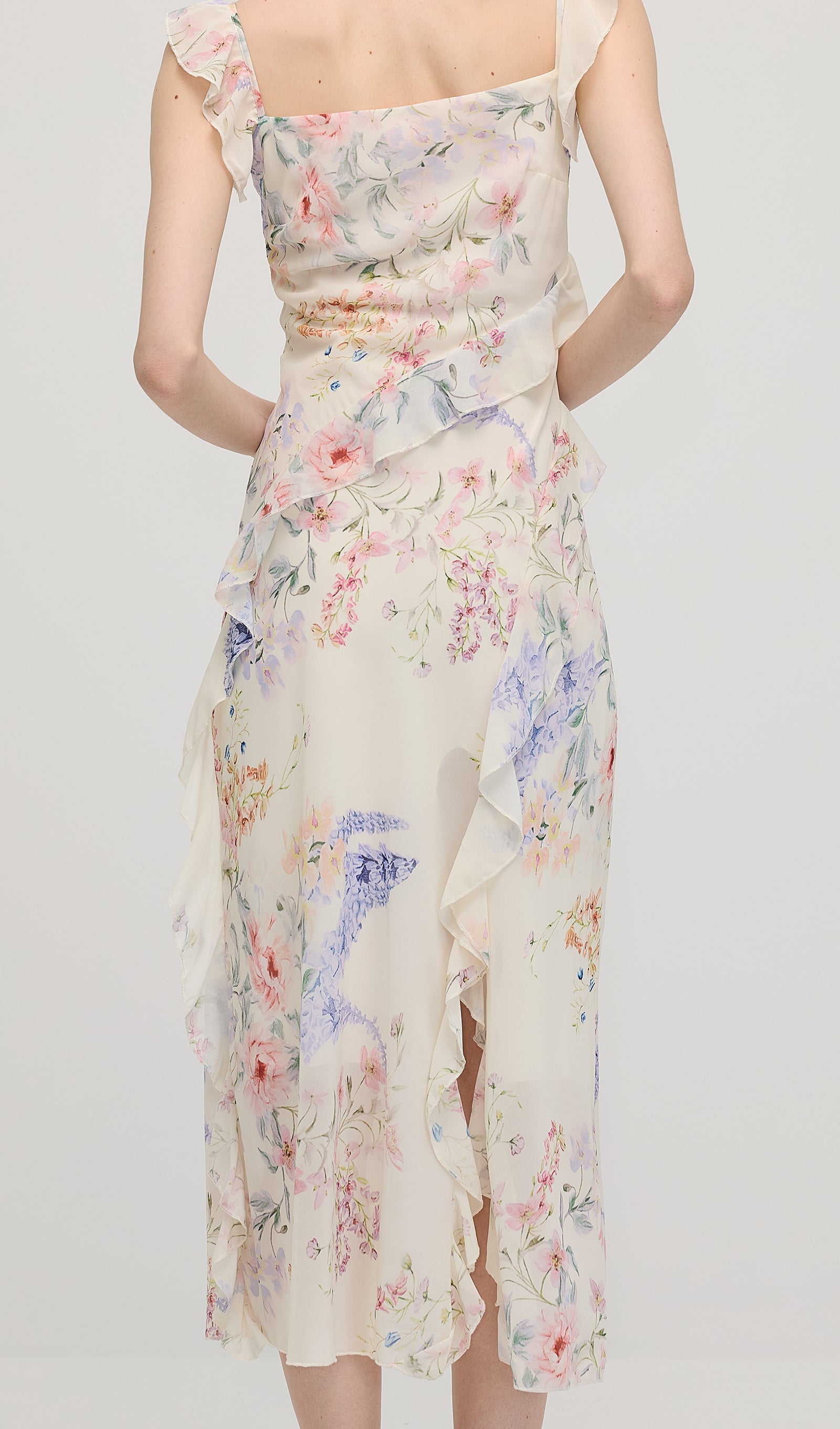 Floral V Neck Ruffled Midi Dress