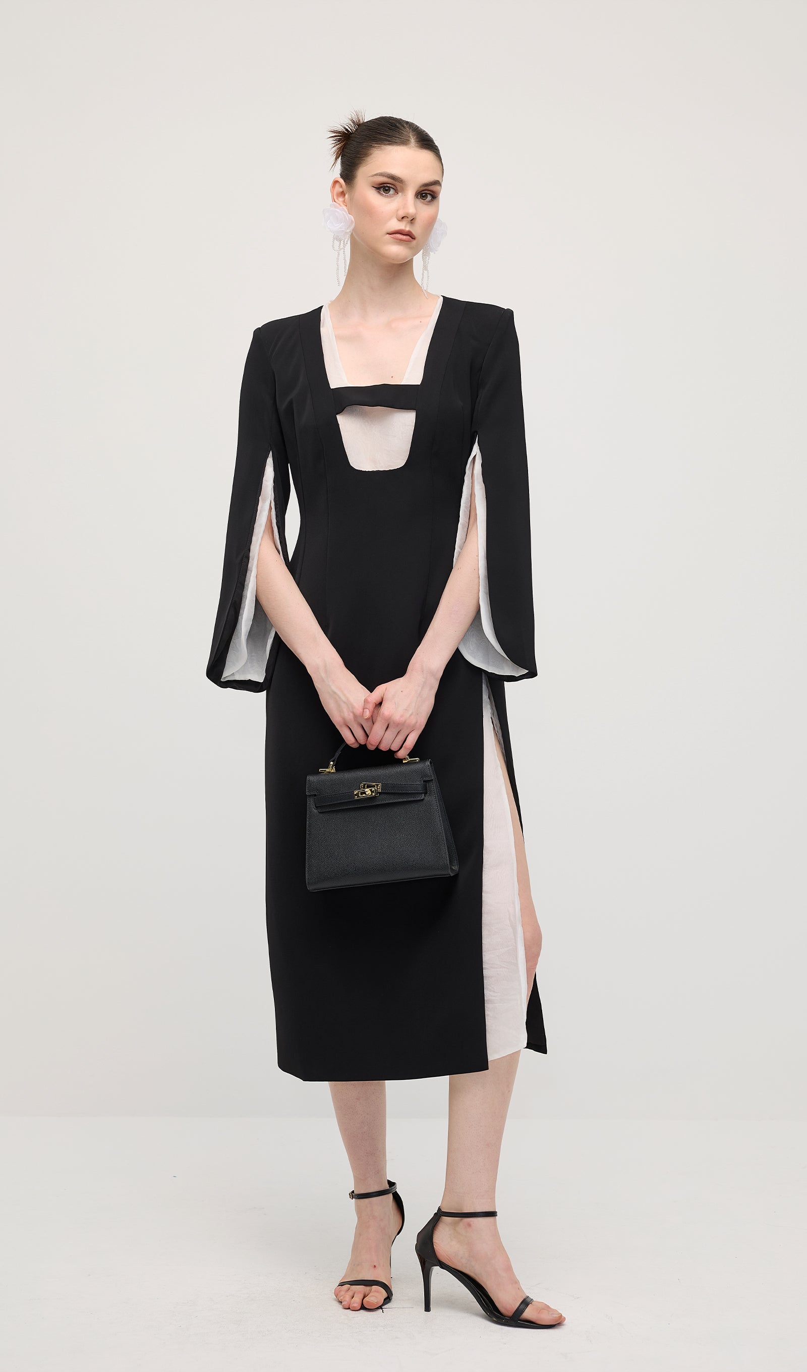 Slit Square Shoulder Midi Dress In Black