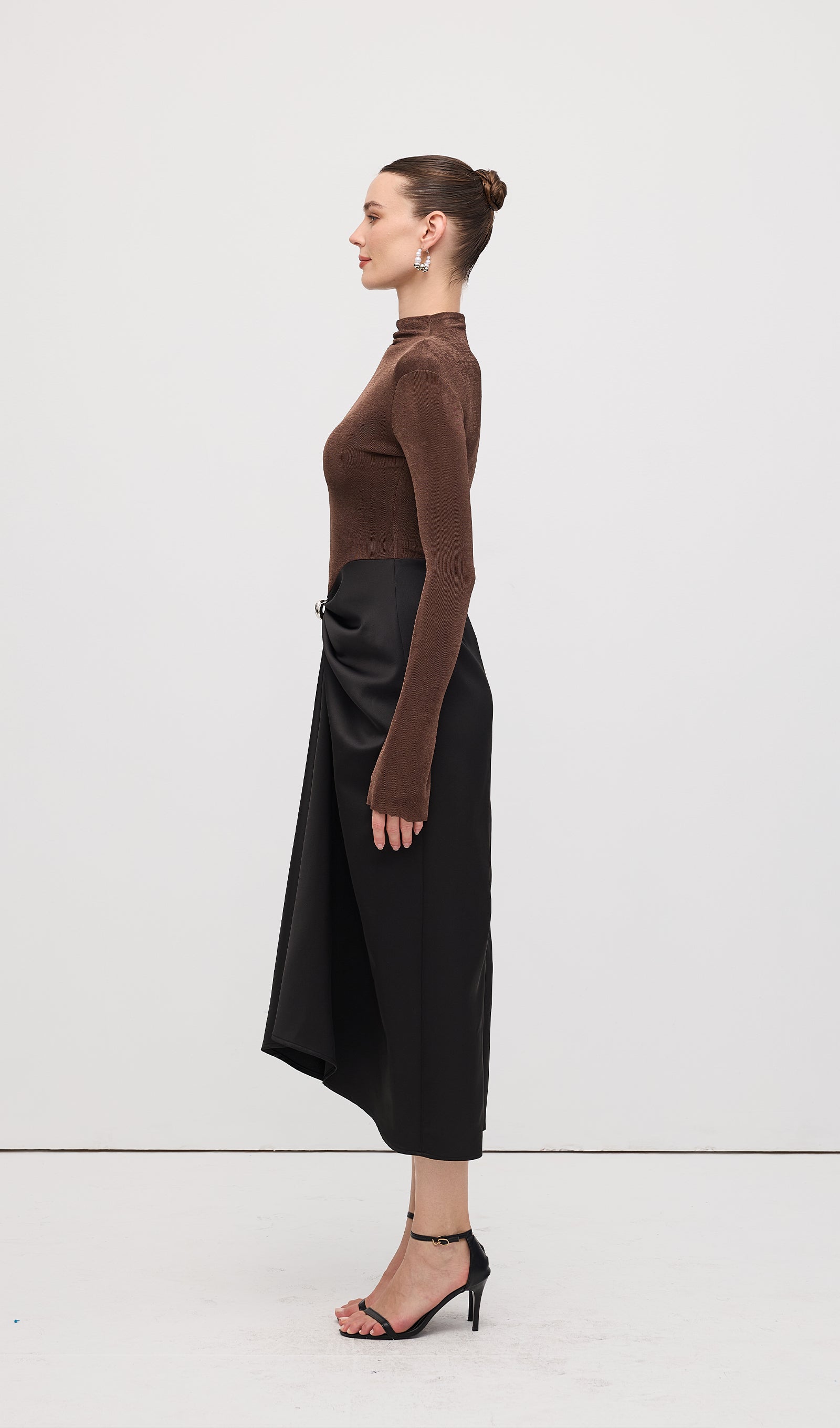 Asymmetrical Pleat Maxi Dress Brown