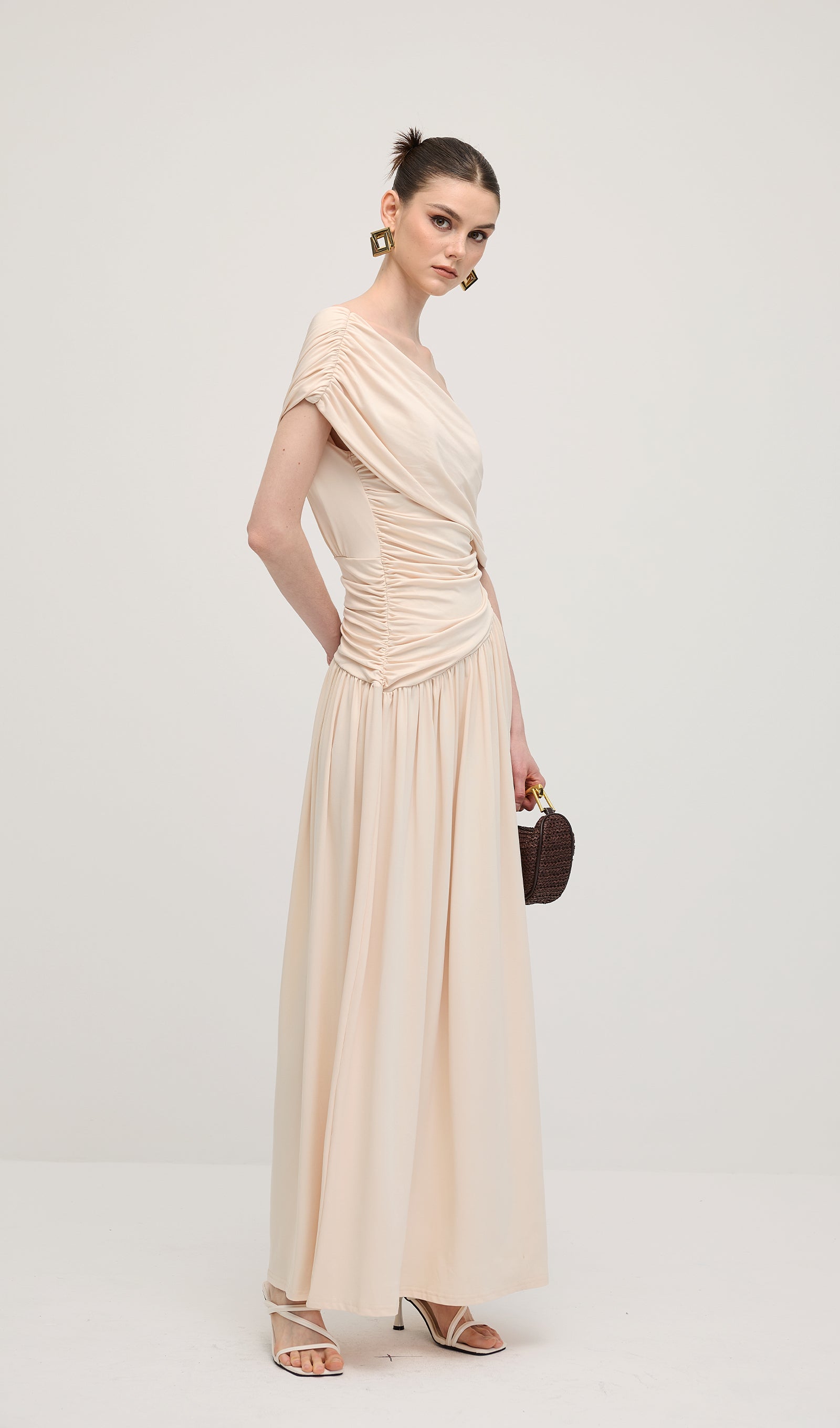 Off Shoulder Pleated Maxi Dress In Dune
