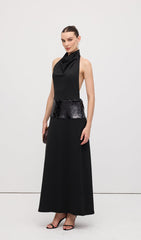 Draped Cowl Neck Open Back Maxi Dress