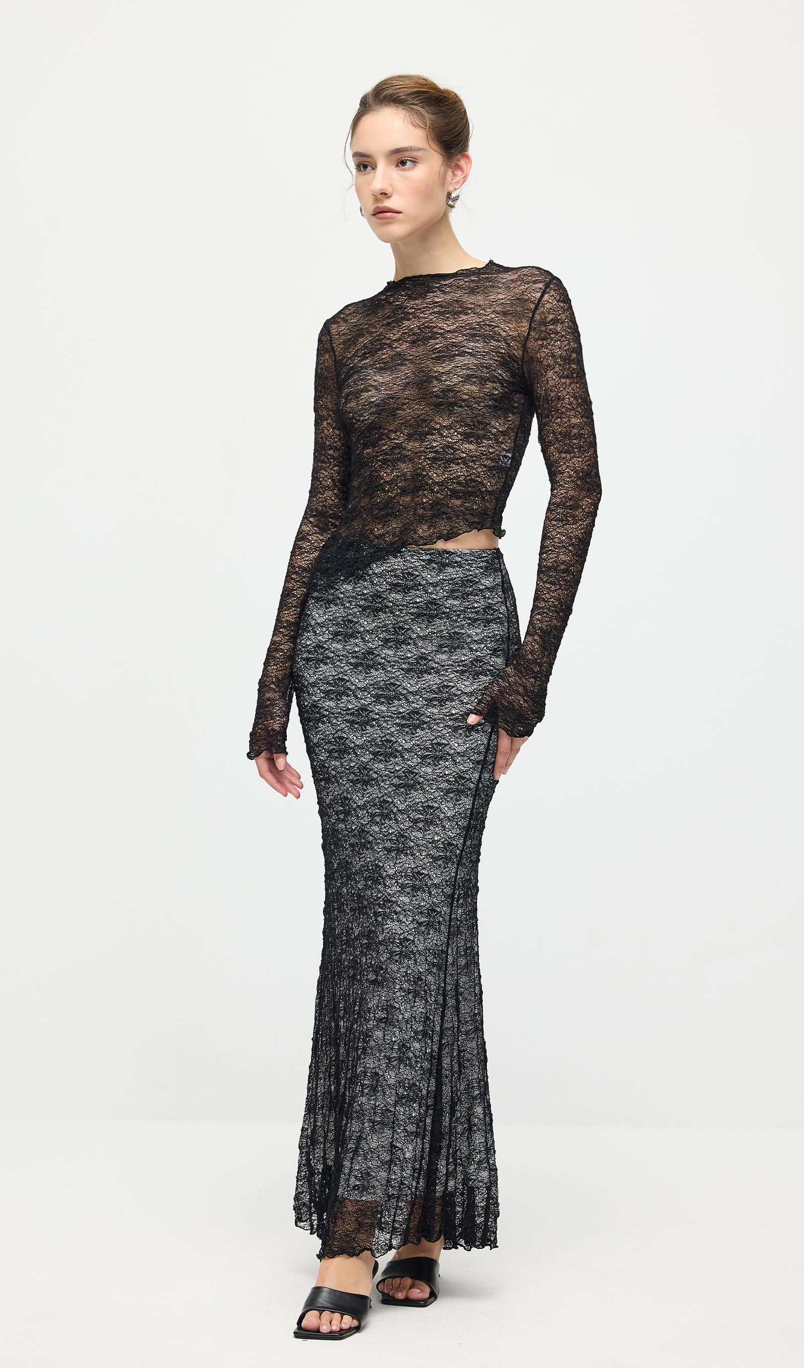 Sheer Lace Top & Maxi Skirt Sets In Black
